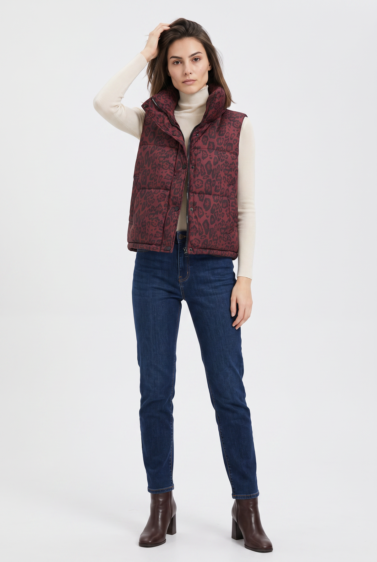 Burgundy Leopard Print Puffer Vest