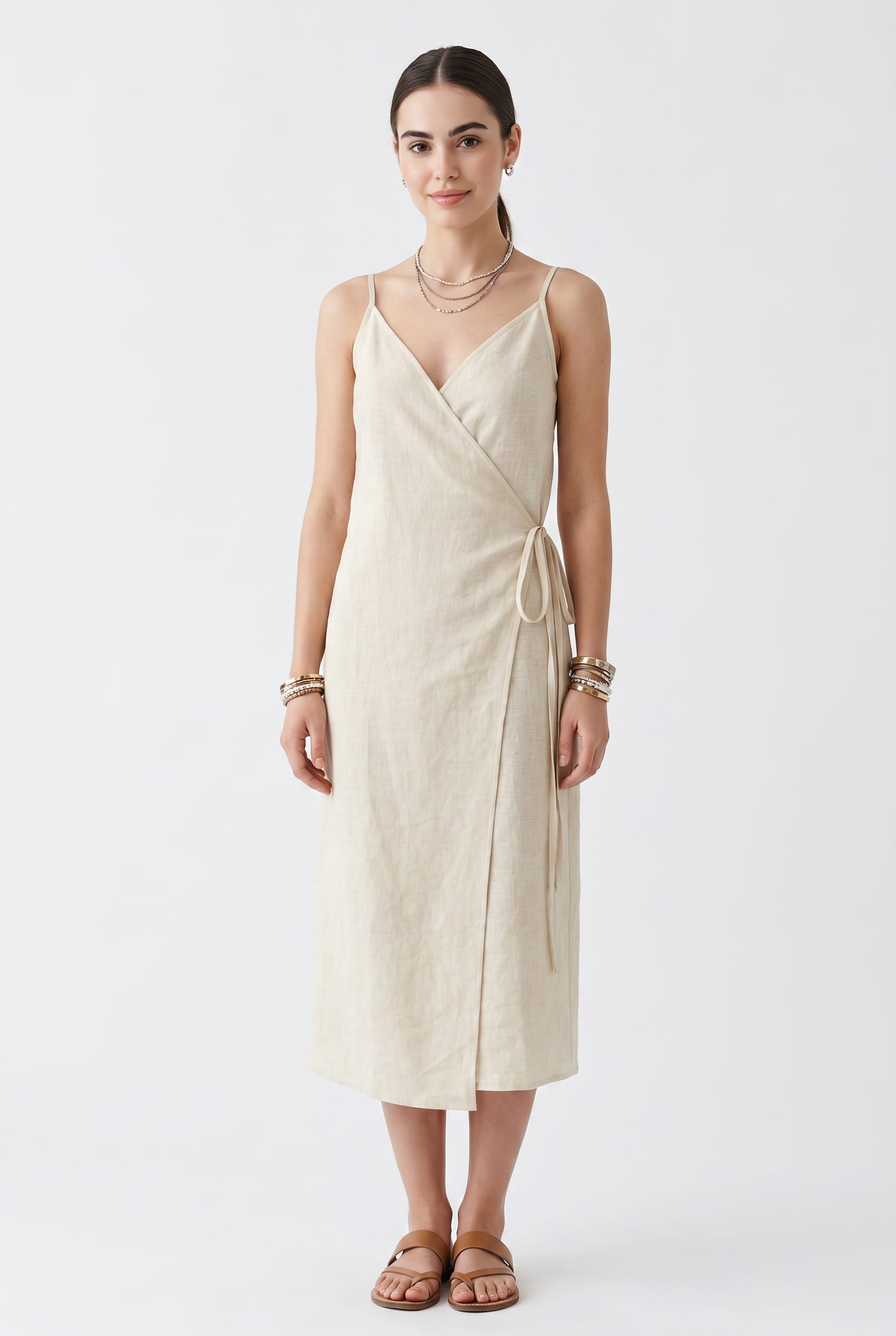 Beige Linen Wrap Midi Dress