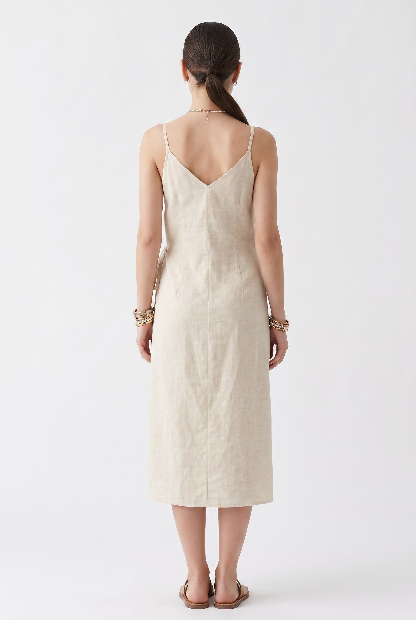 Beige Linen Wrap Midi Dress