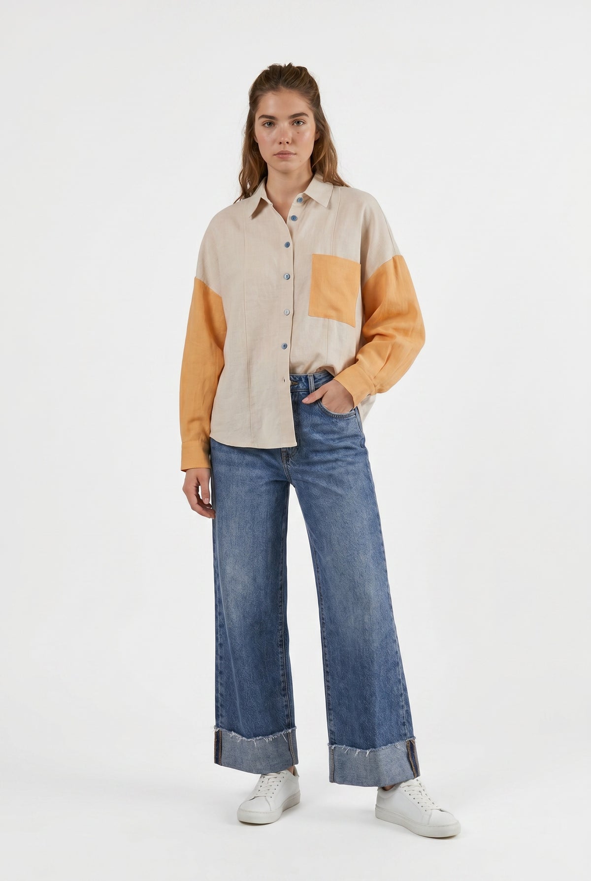 Beige Colorblock Oversized Relaxed Shirt
