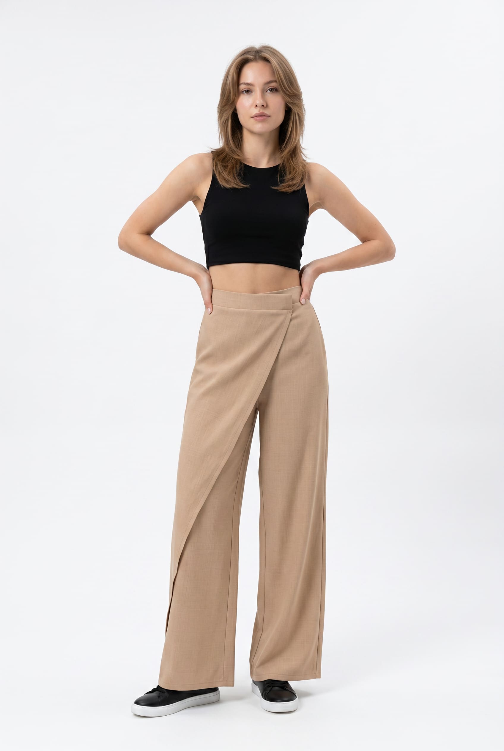 Camel Wide-Leg Crossover Front Trousers