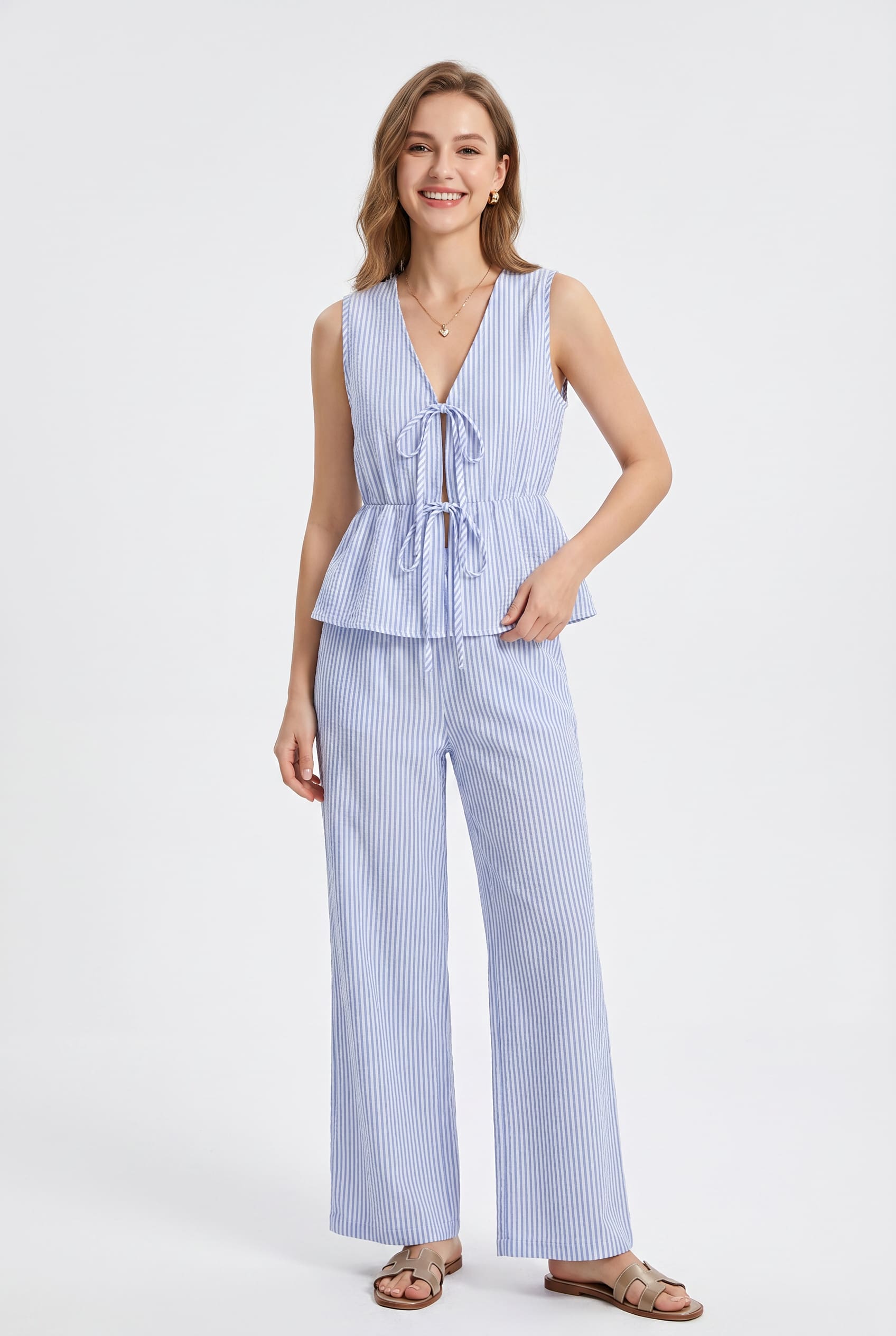 Blue Striped Peplum Top Wide-Leg Co-ord