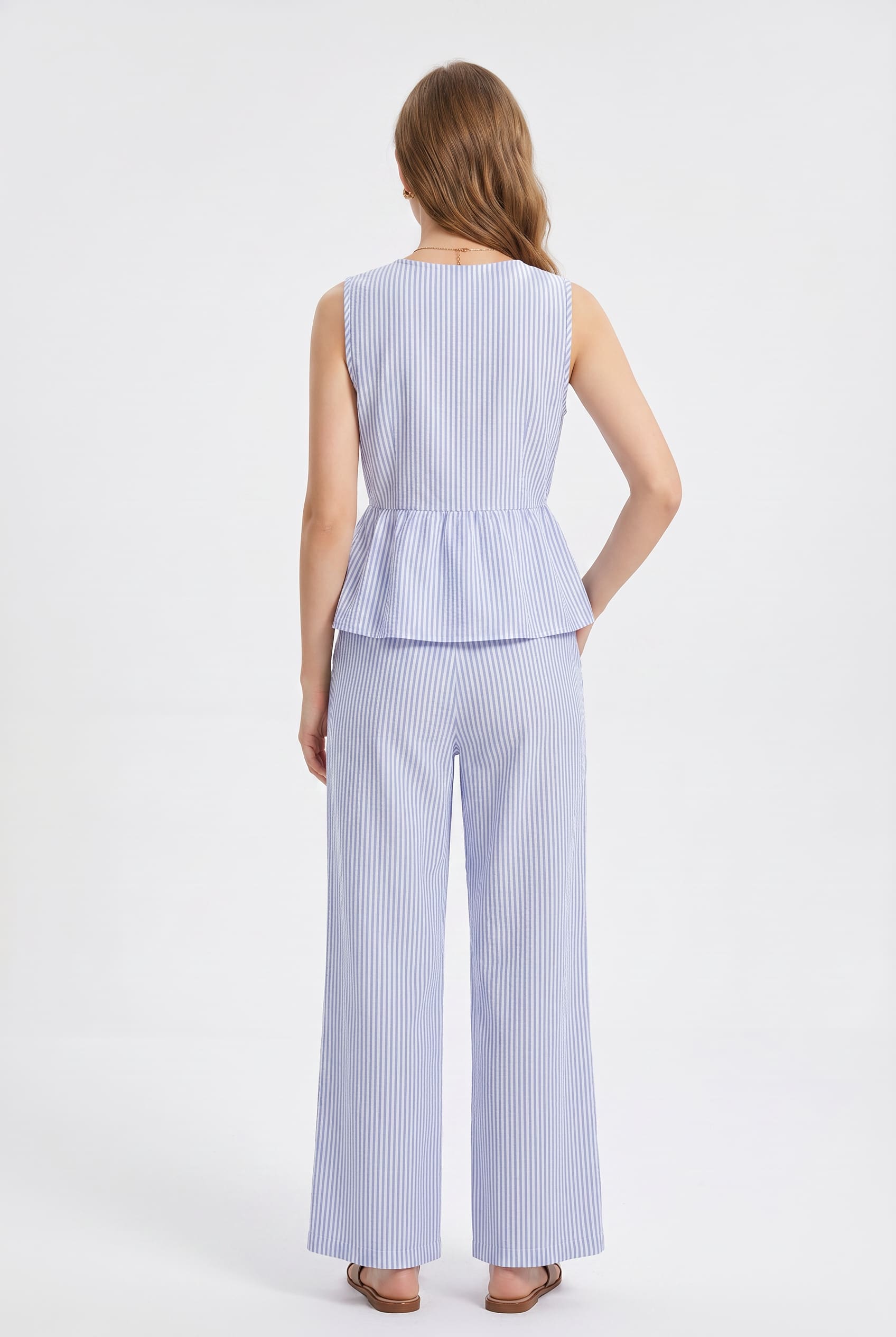 Blue Striped Peplum Top Wide-Leg Co-ord