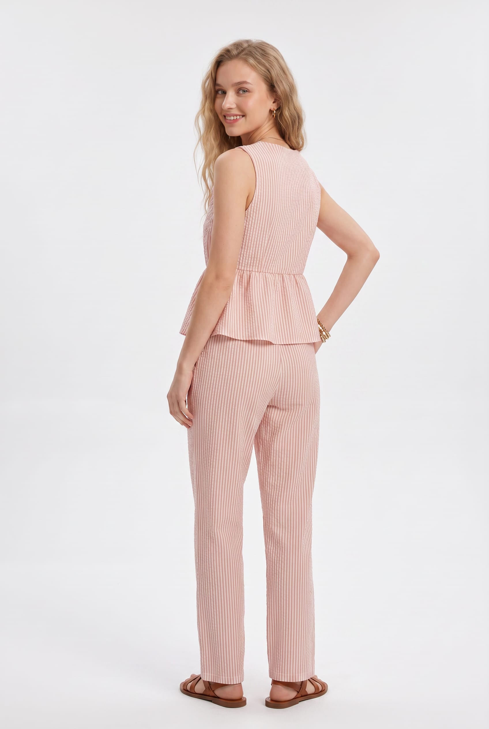 Pink Striped Linen Peplum Co-ord Set