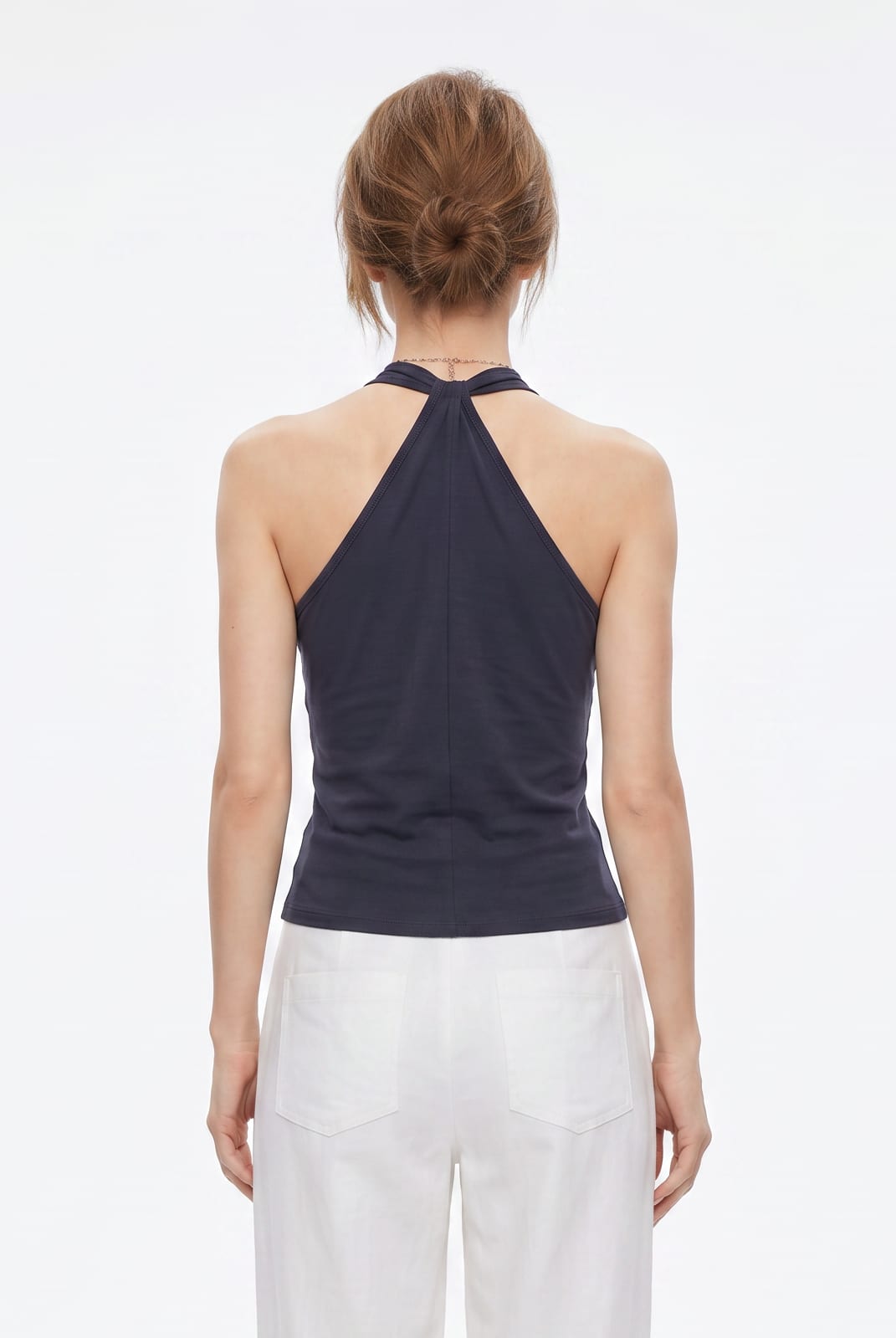 Navy Satin Twisted Halter Top