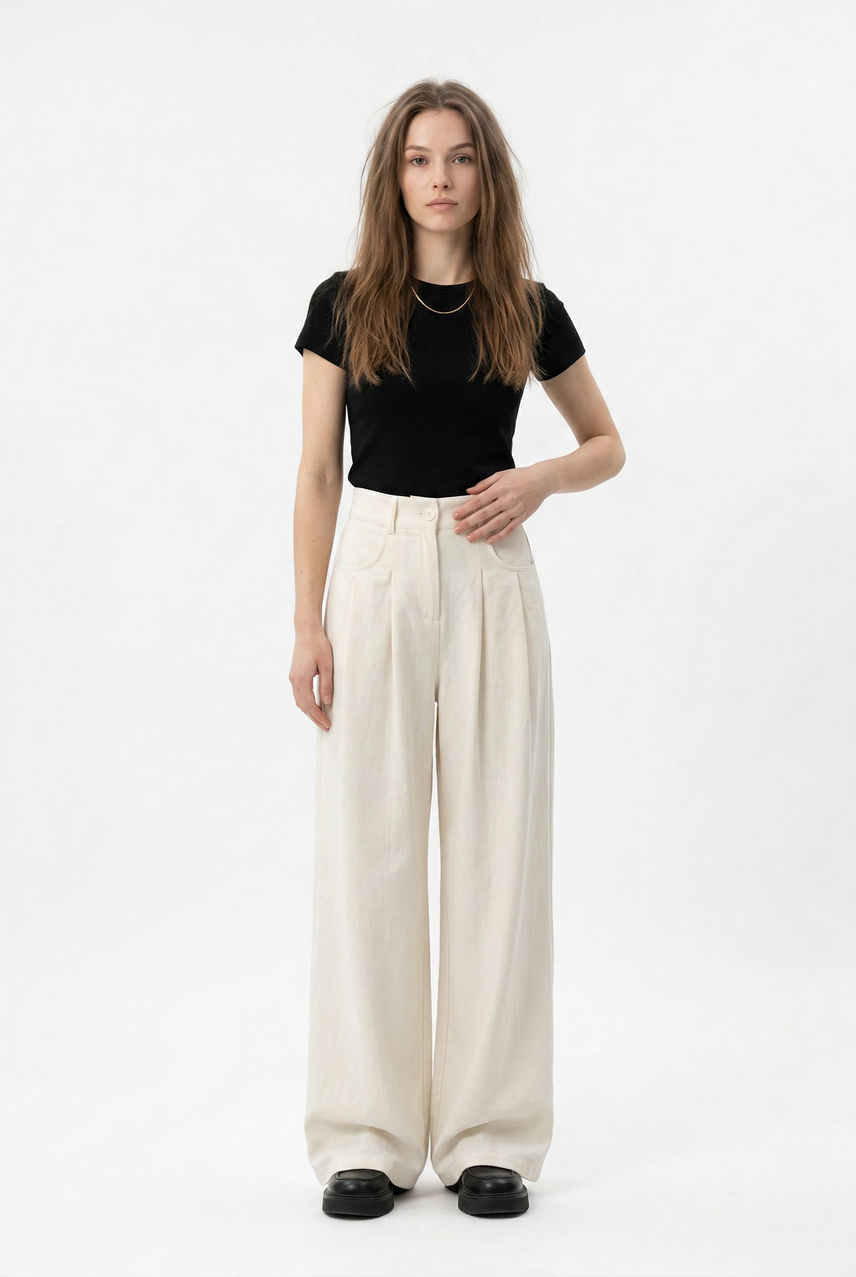 Cream Wide Leg Pleated Trousers