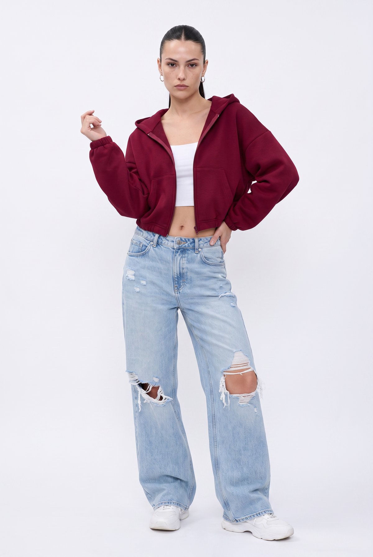 Burgundy Cropped Zip-Up Hoodie