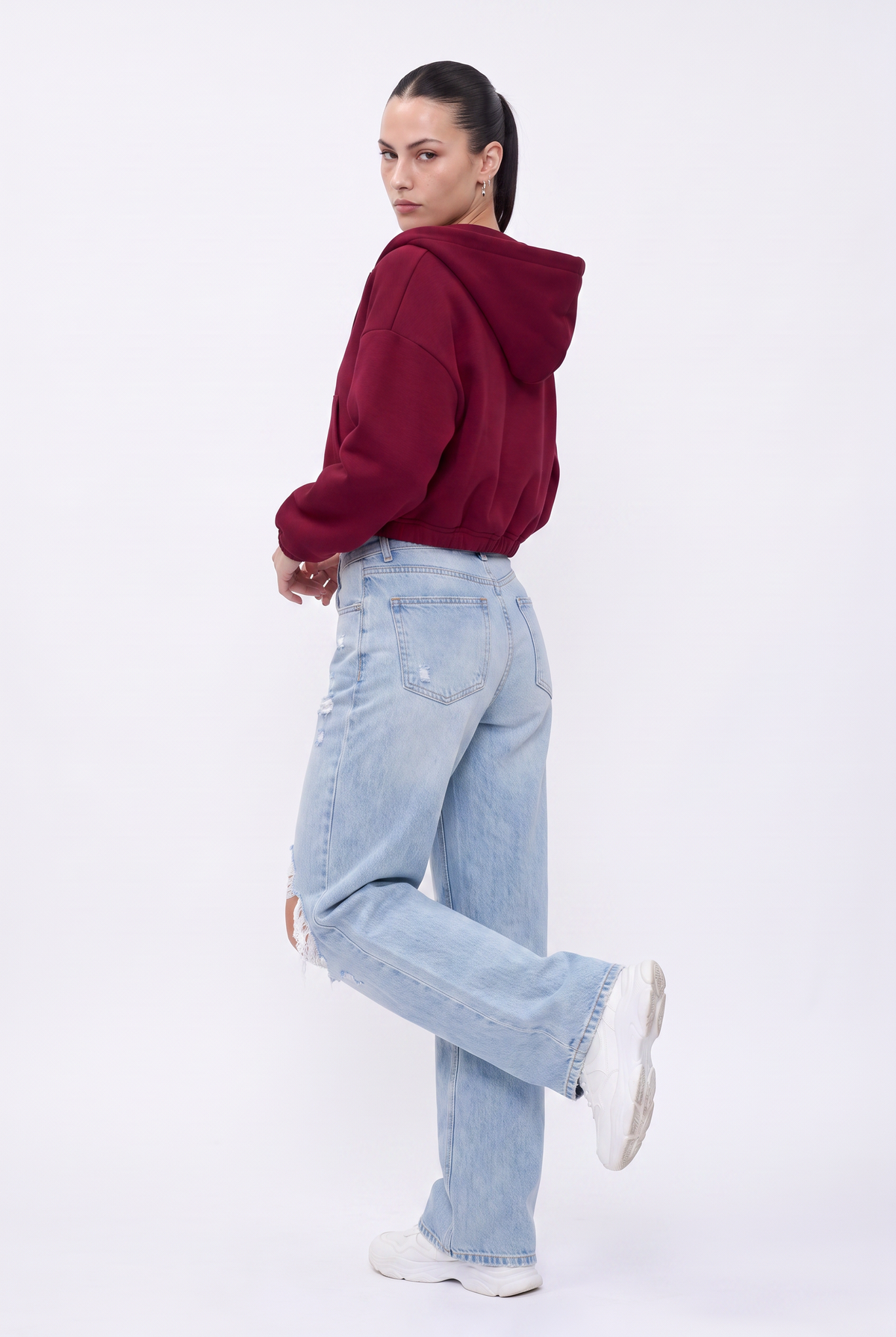 Burgundy Cropped Zip-Up Hoodie