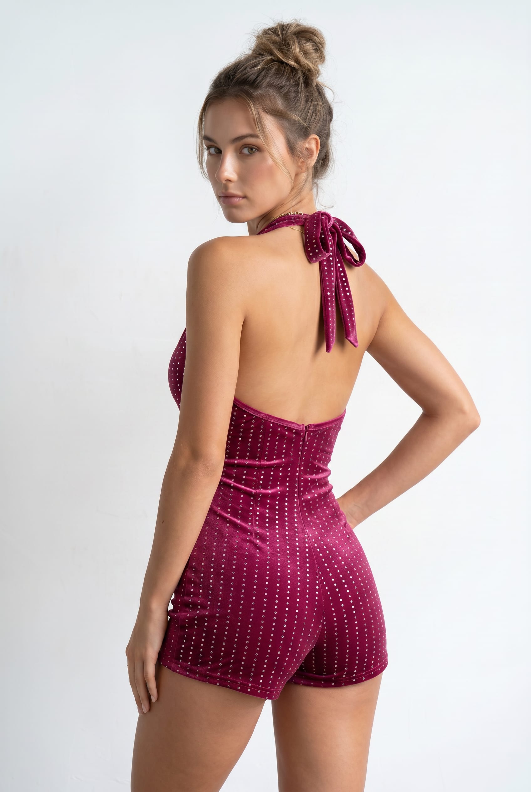 Burgundy Studded Halter Neck Romper