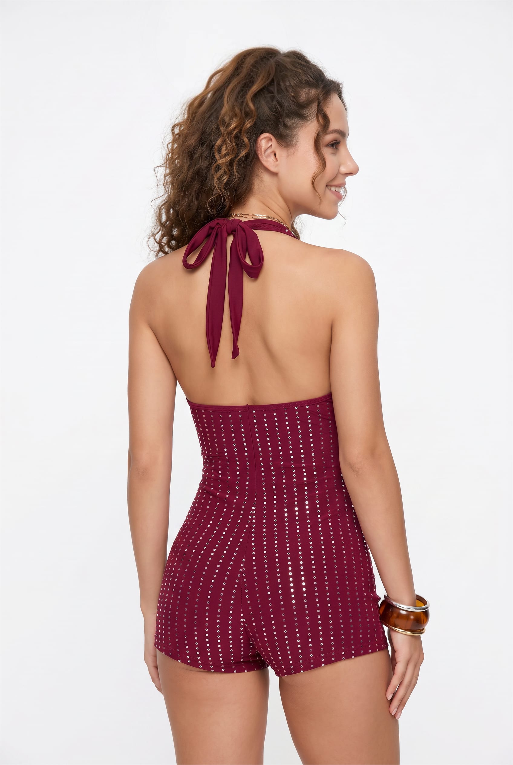 Burgundy Studded Halter Neck Romper