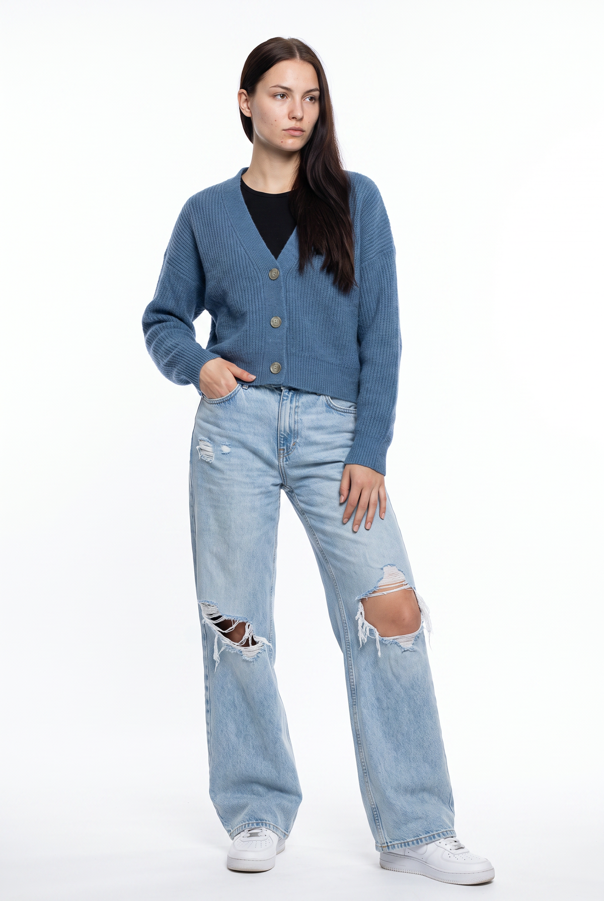 Blue Ribbed Knit Cropped Cardigan