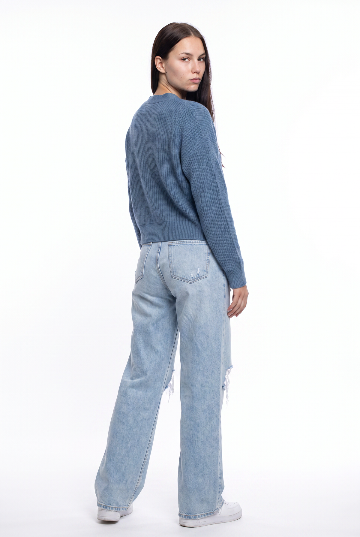Blue Ribbed Knit Cropped Cardigan