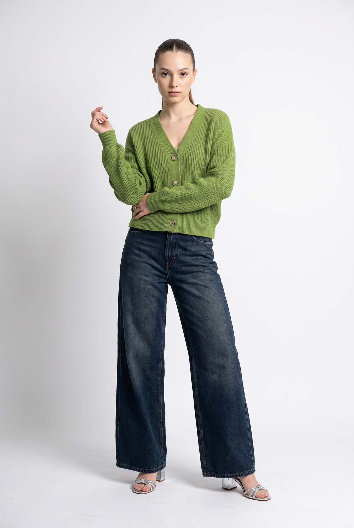 Green Ribbed Knit Oversized Cardigan