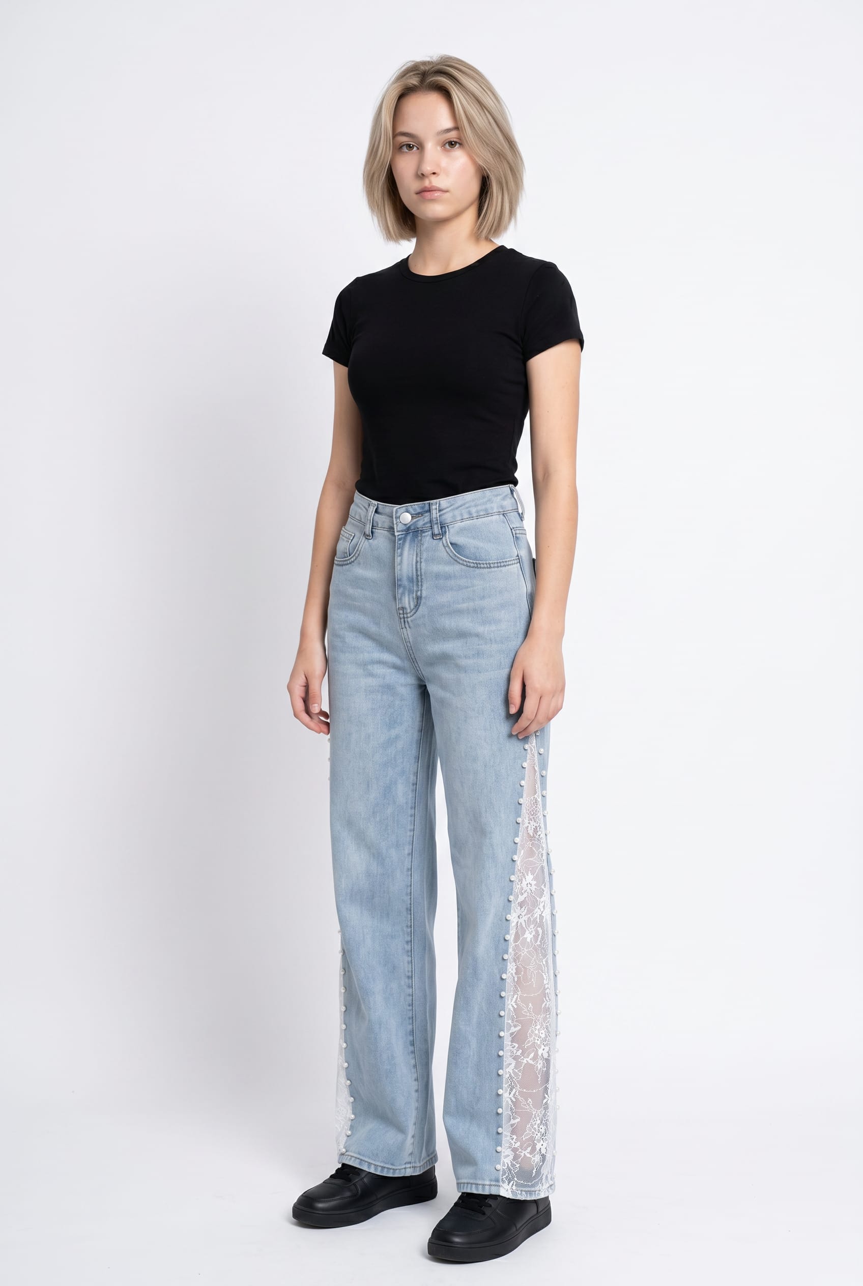 Light Blue Lace Panel Wide Leg Jeans