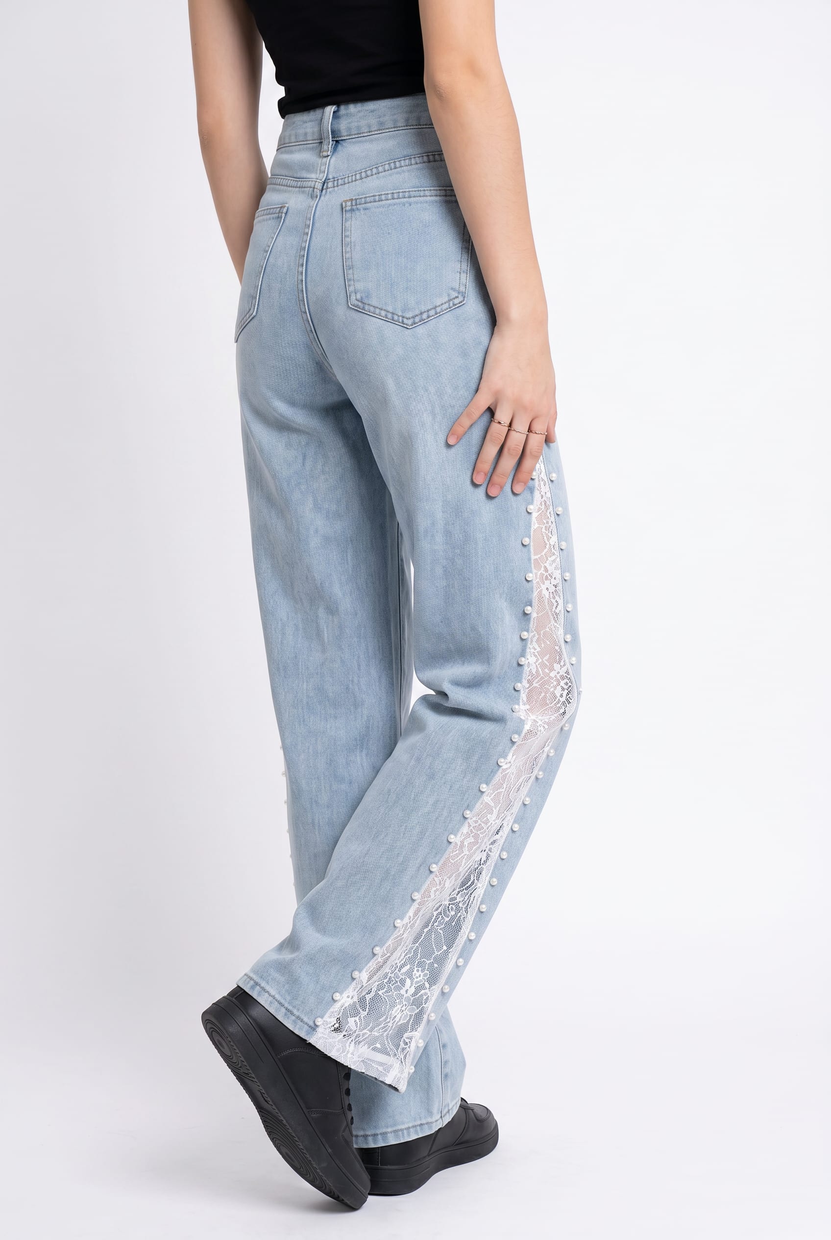 Light Blue Lace Panel Wide Leg Jeans