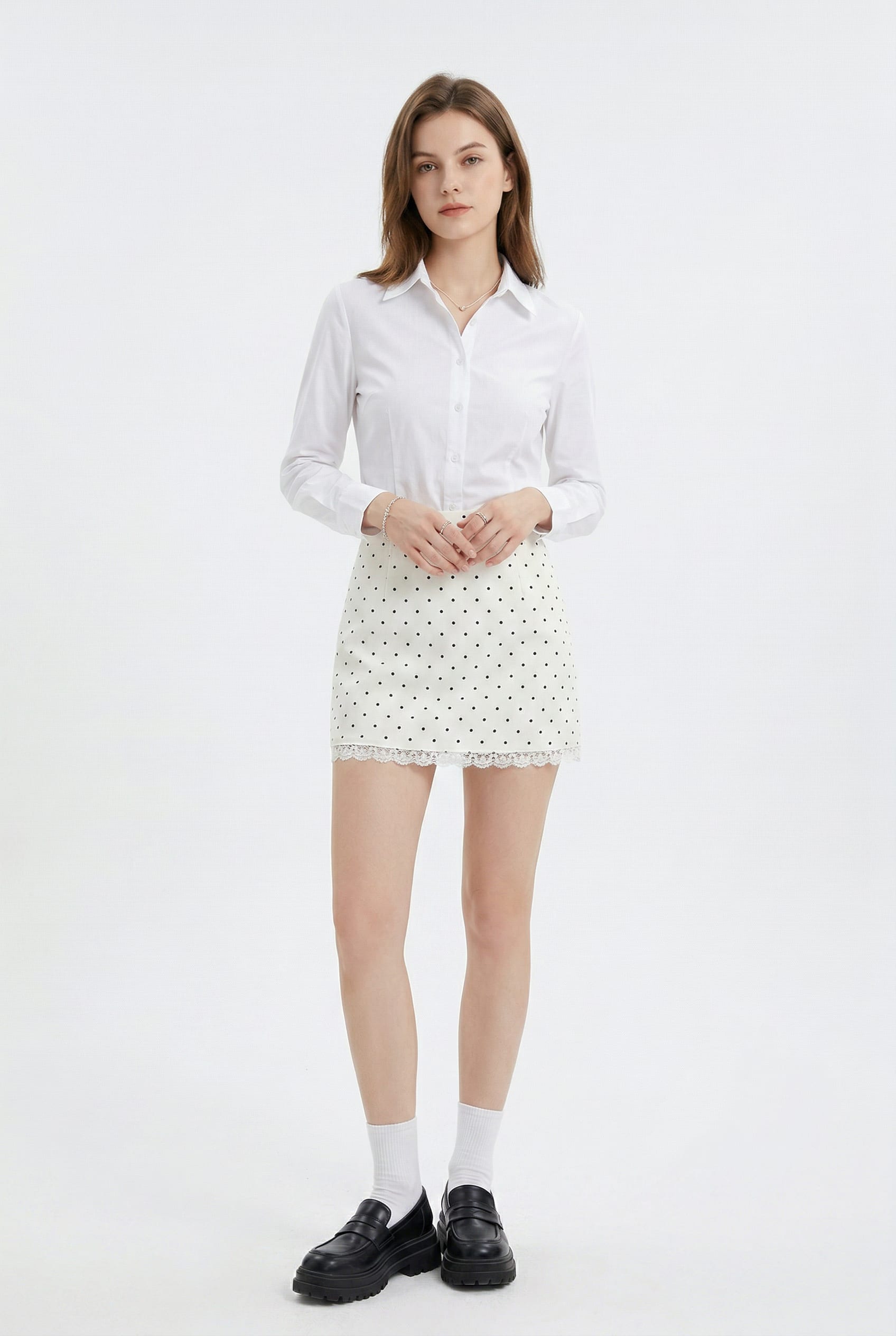 Cream Polka Dot Lace Trim Mini Skirt
