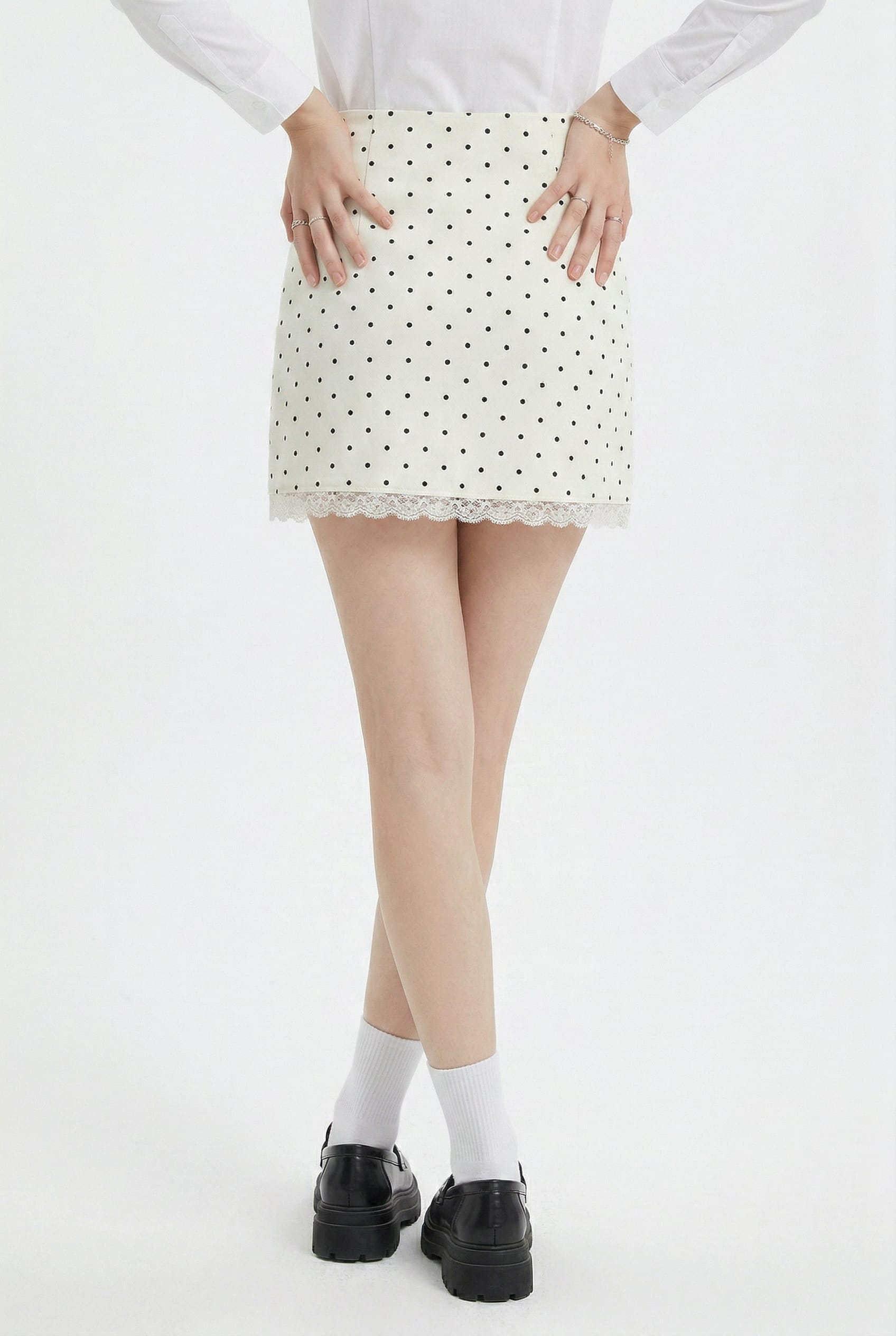 Cream Polka Dot Lace Trim Mini Skirt