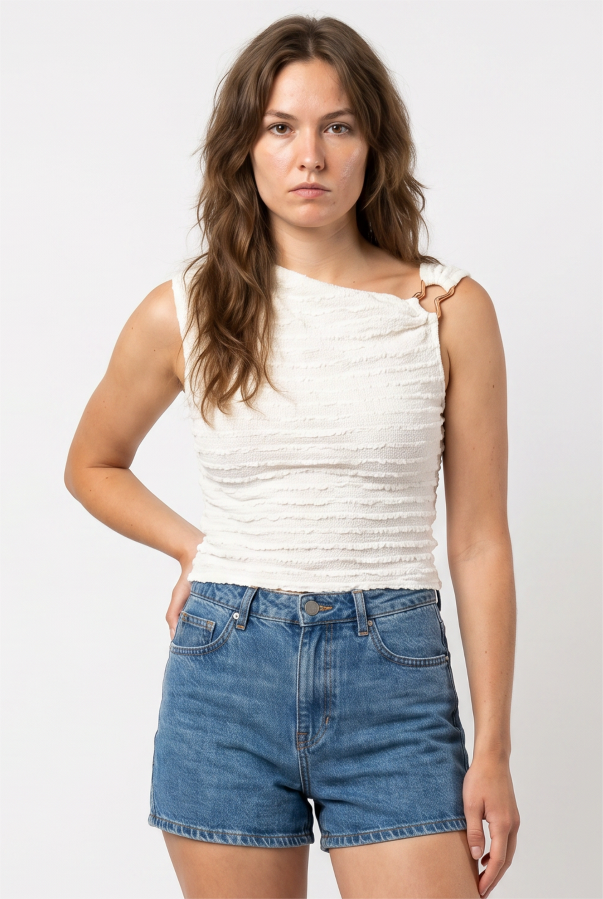 White Textured Sleeveless Crop Blouse