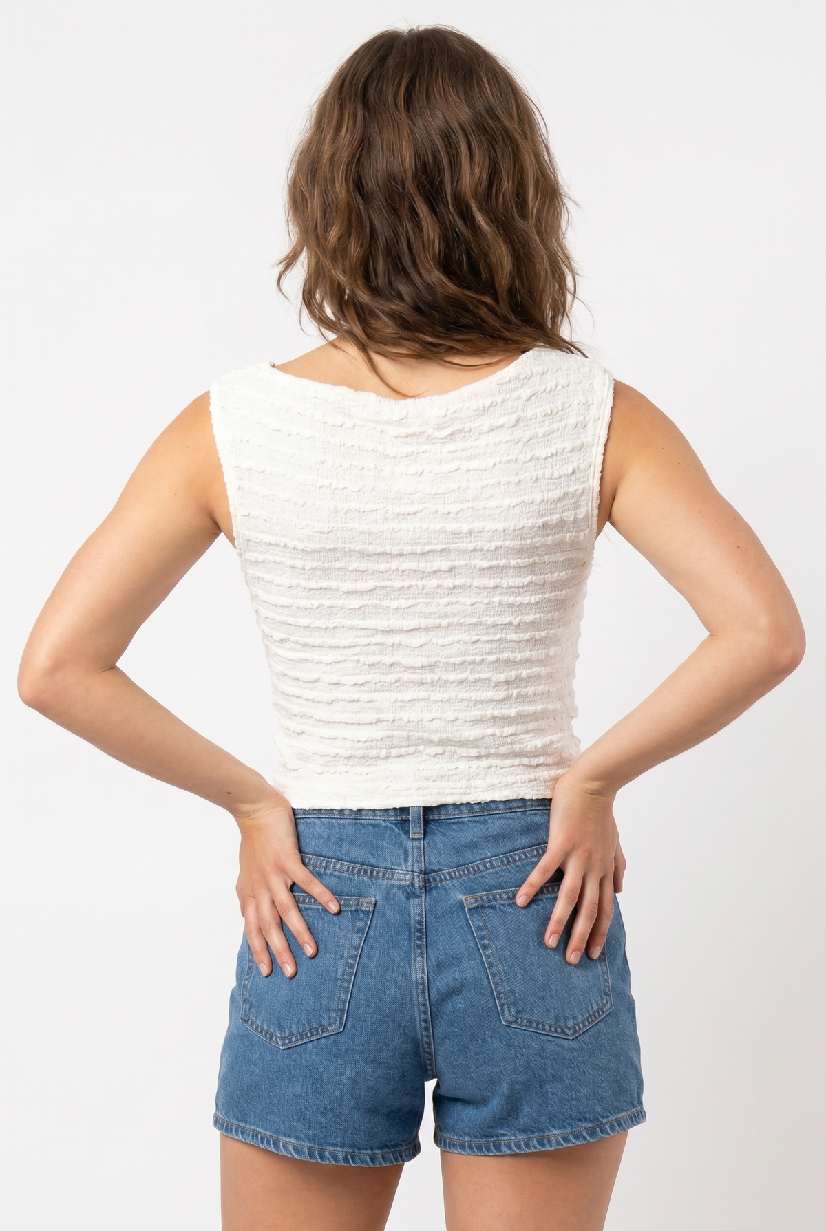 White Textured Sleeveless Crop Blouse