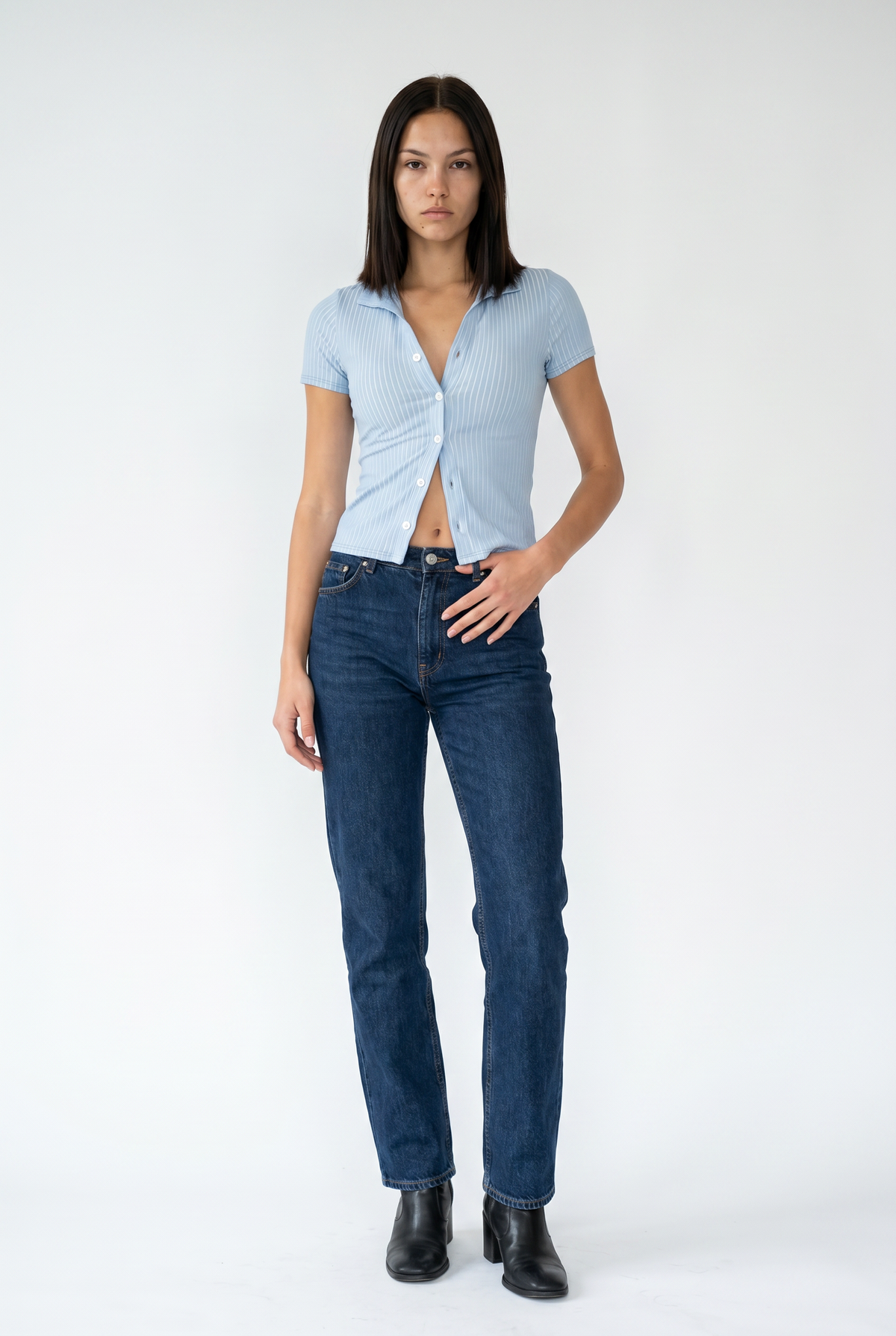 Blue Ribbed Crop Button Shirt
