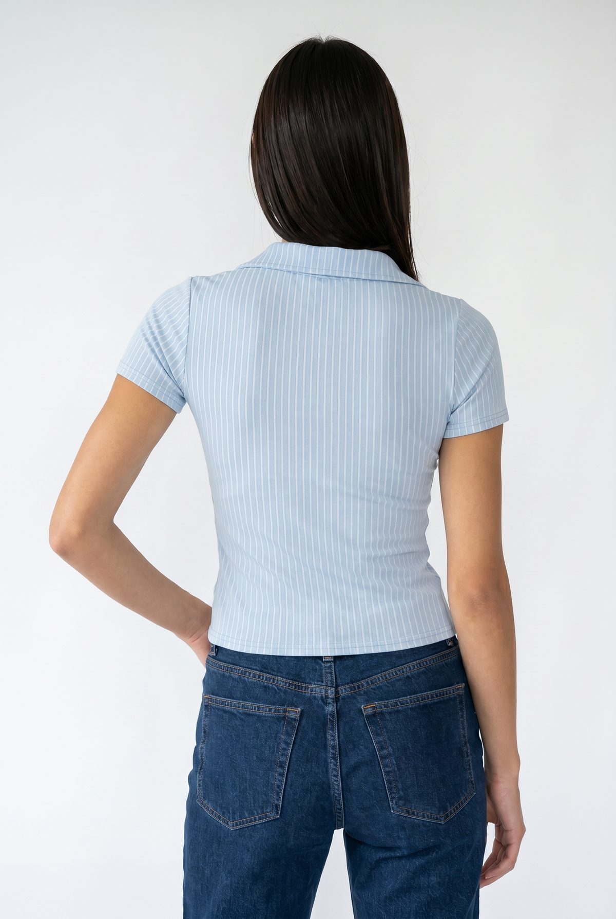 Blue Ribbed Crop Button Shirt