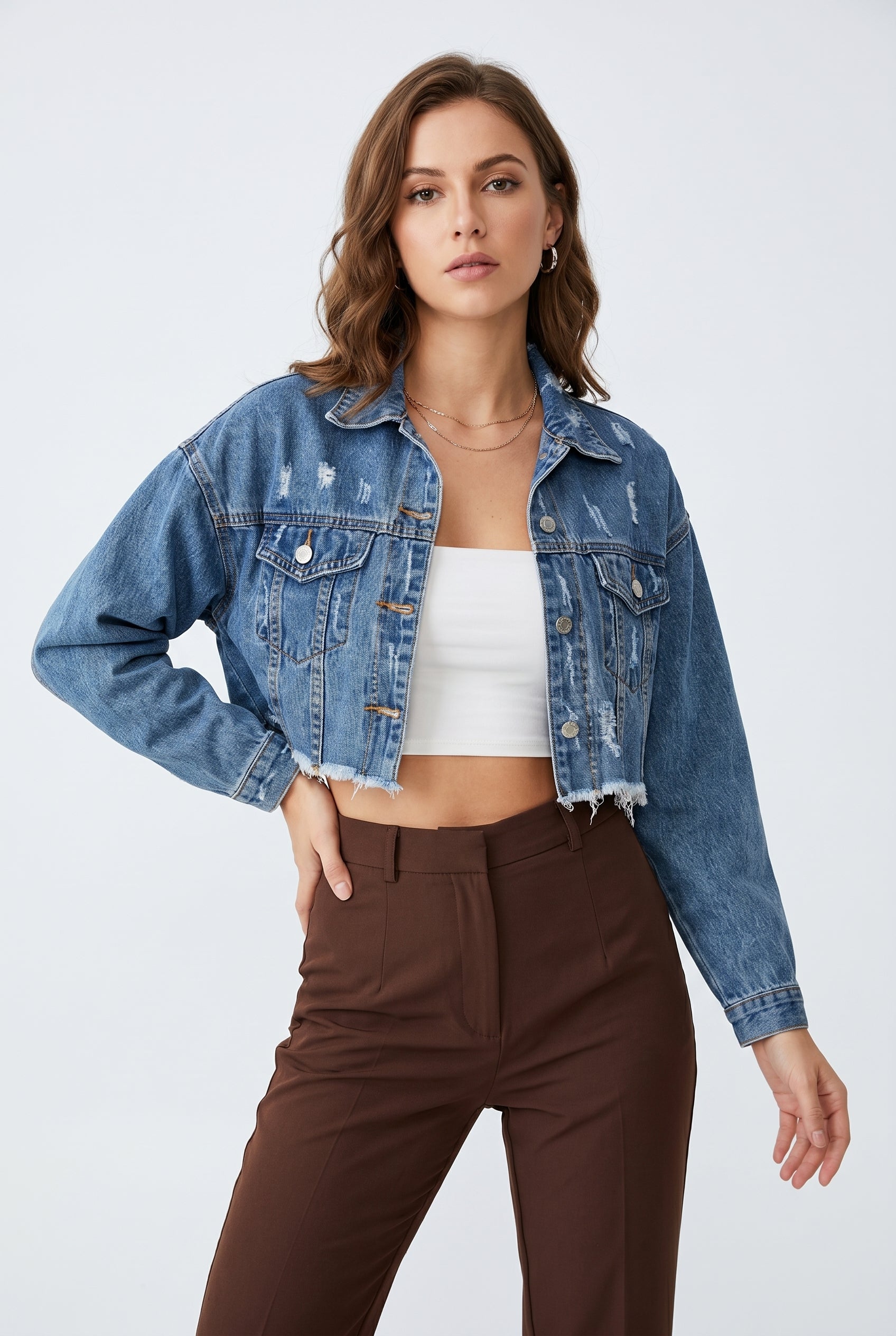 Distressed Cropped Denim Trucker Jacket