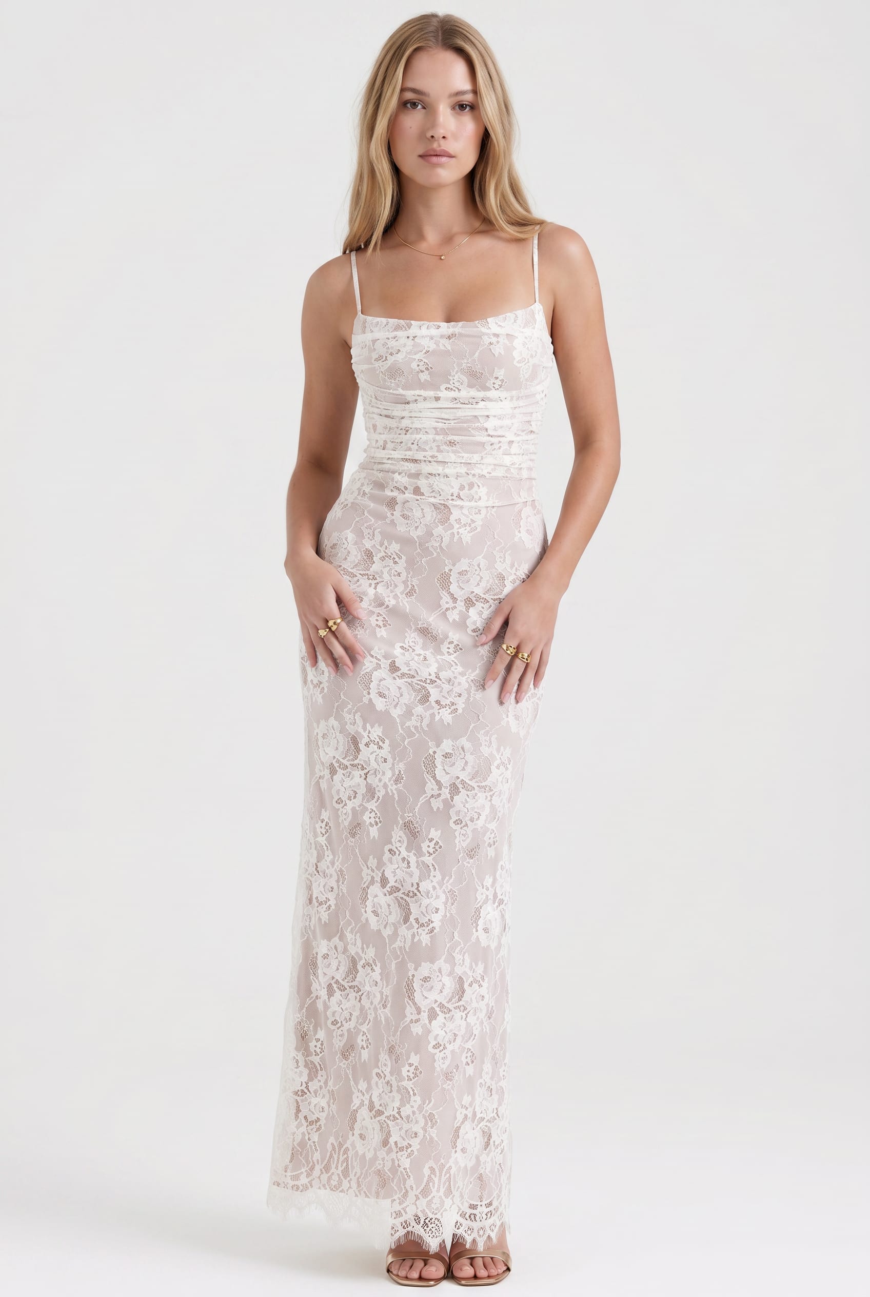 Ivory Lace Ruched Maxi Dress