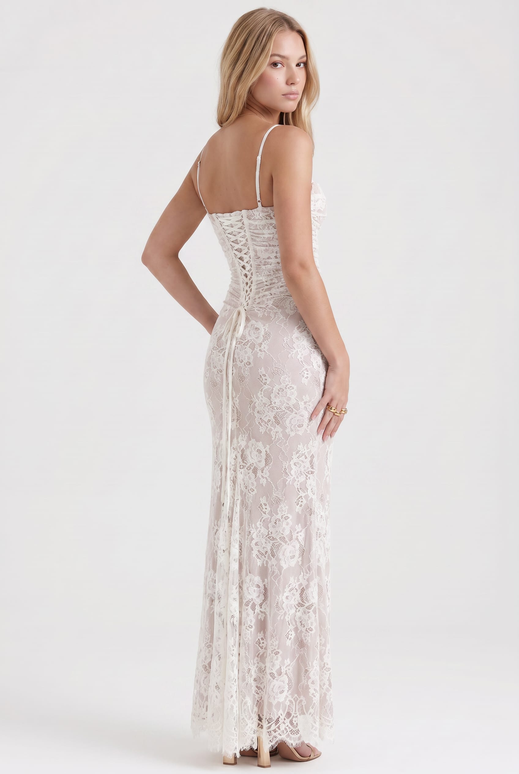 Ivory Lace Ruched Maxi Dress