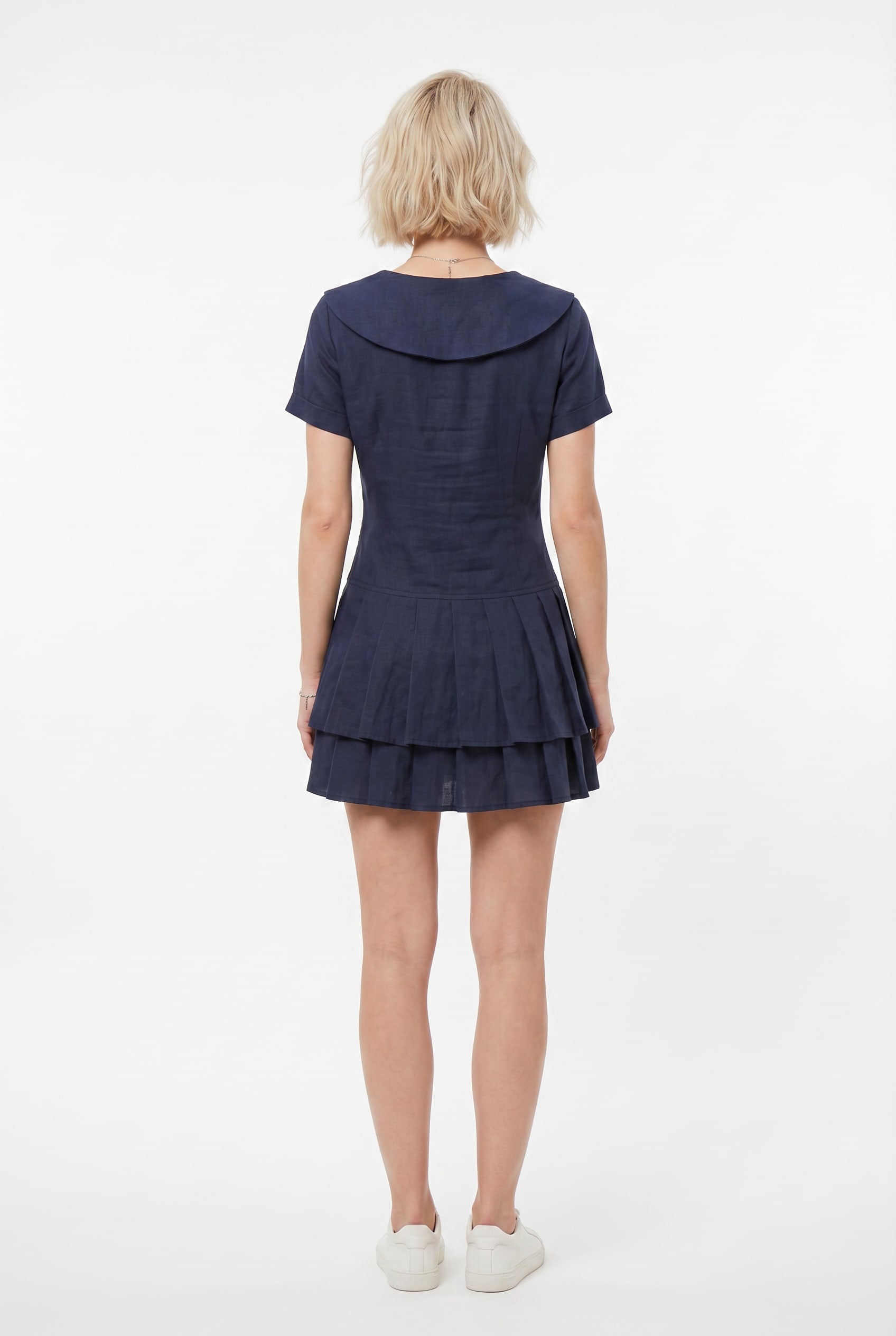 Navy Collar Button-Front Pleated Mini Dress