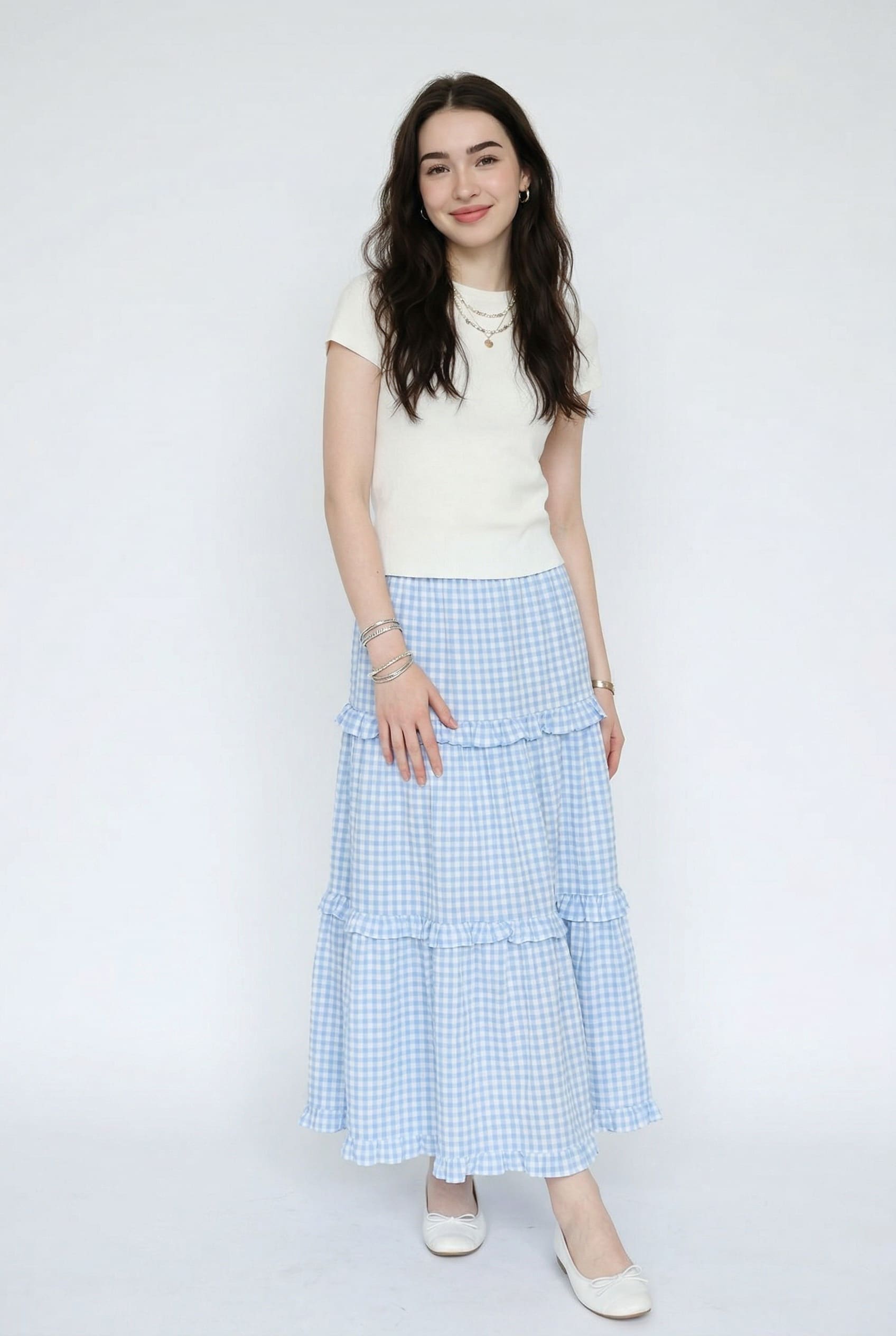 Blue Gingham Tiered Maxi Skirt