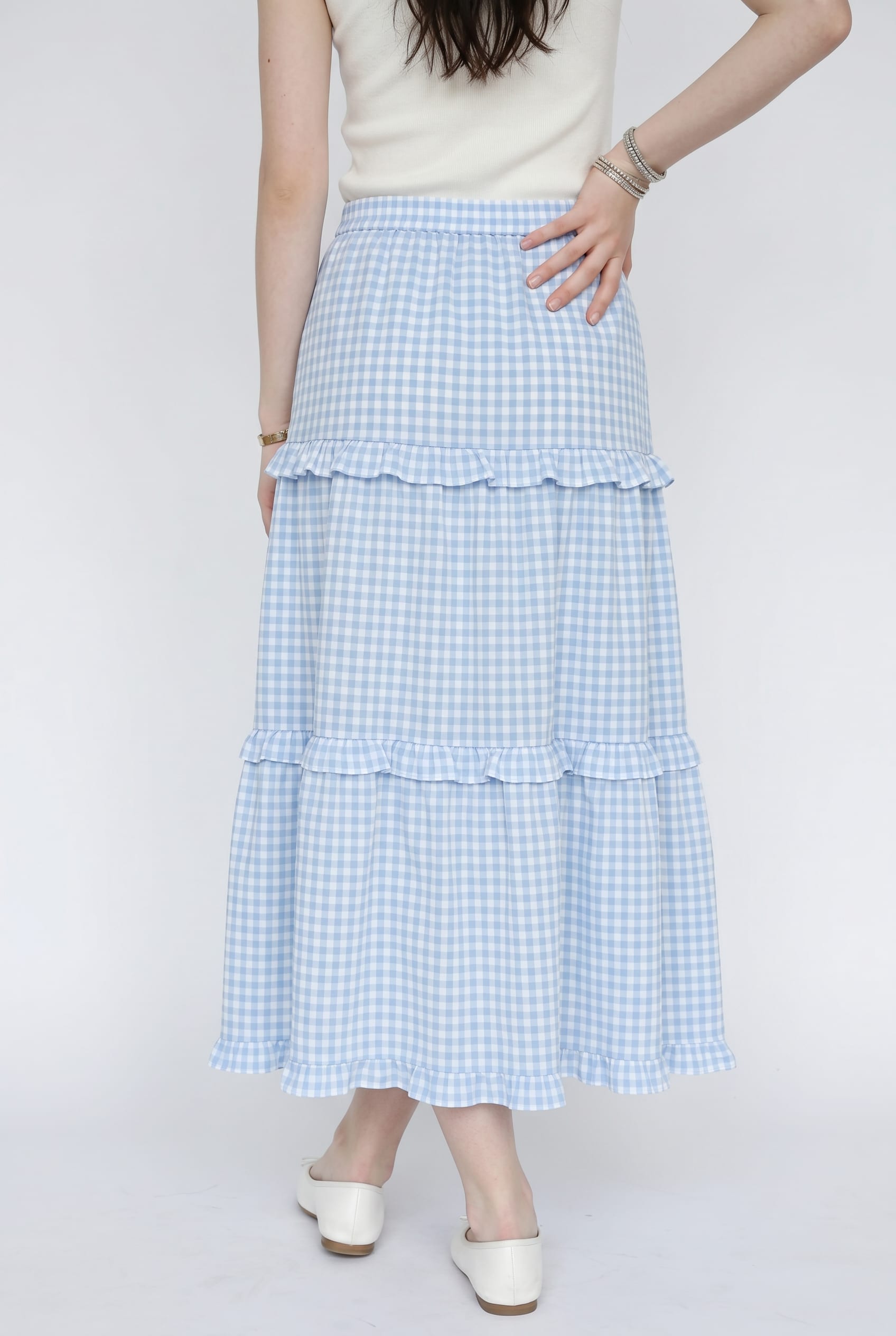 Blue Gingham Tiered Maxi Skirt