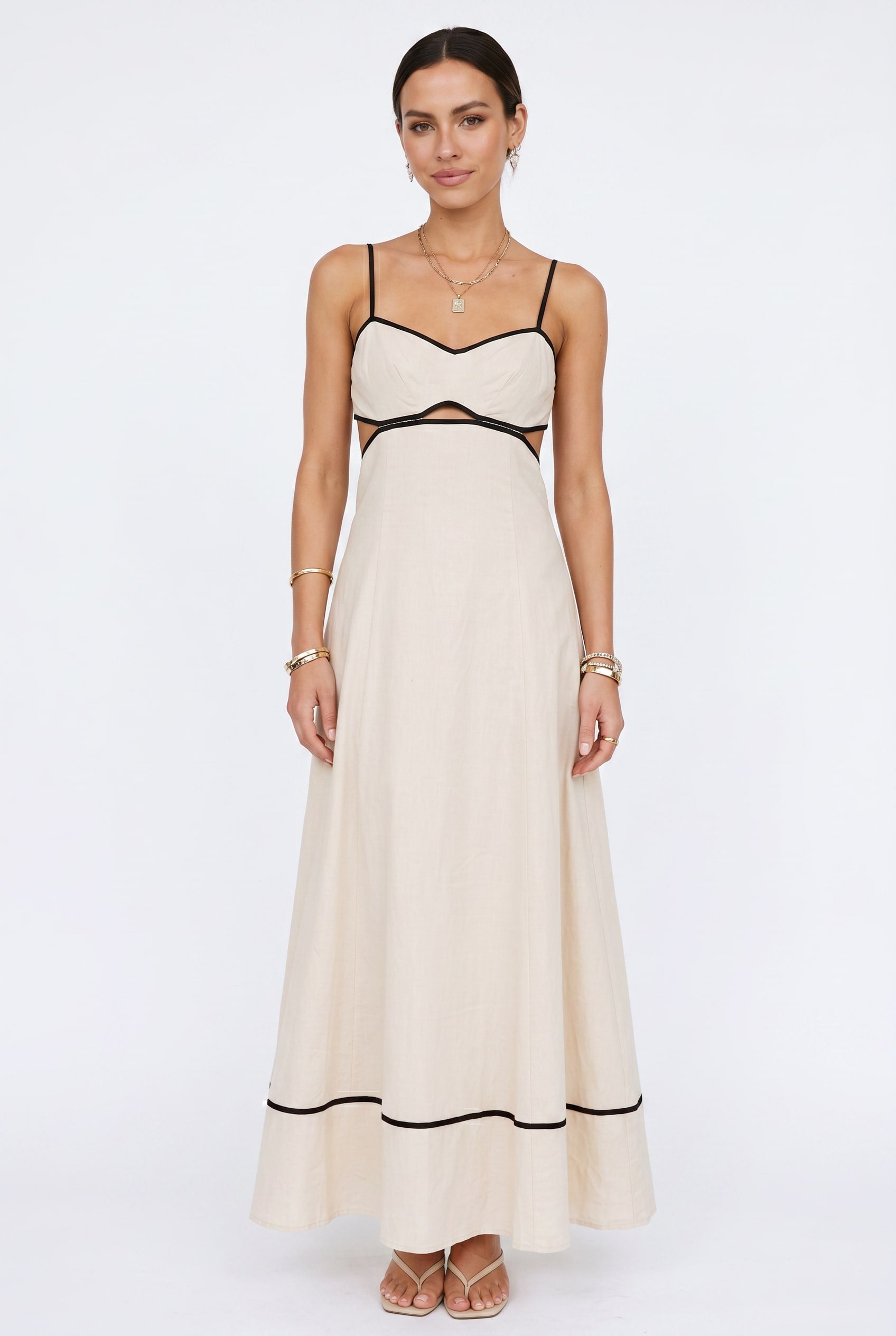 Cream Black Contrast Trim Maxi Dress