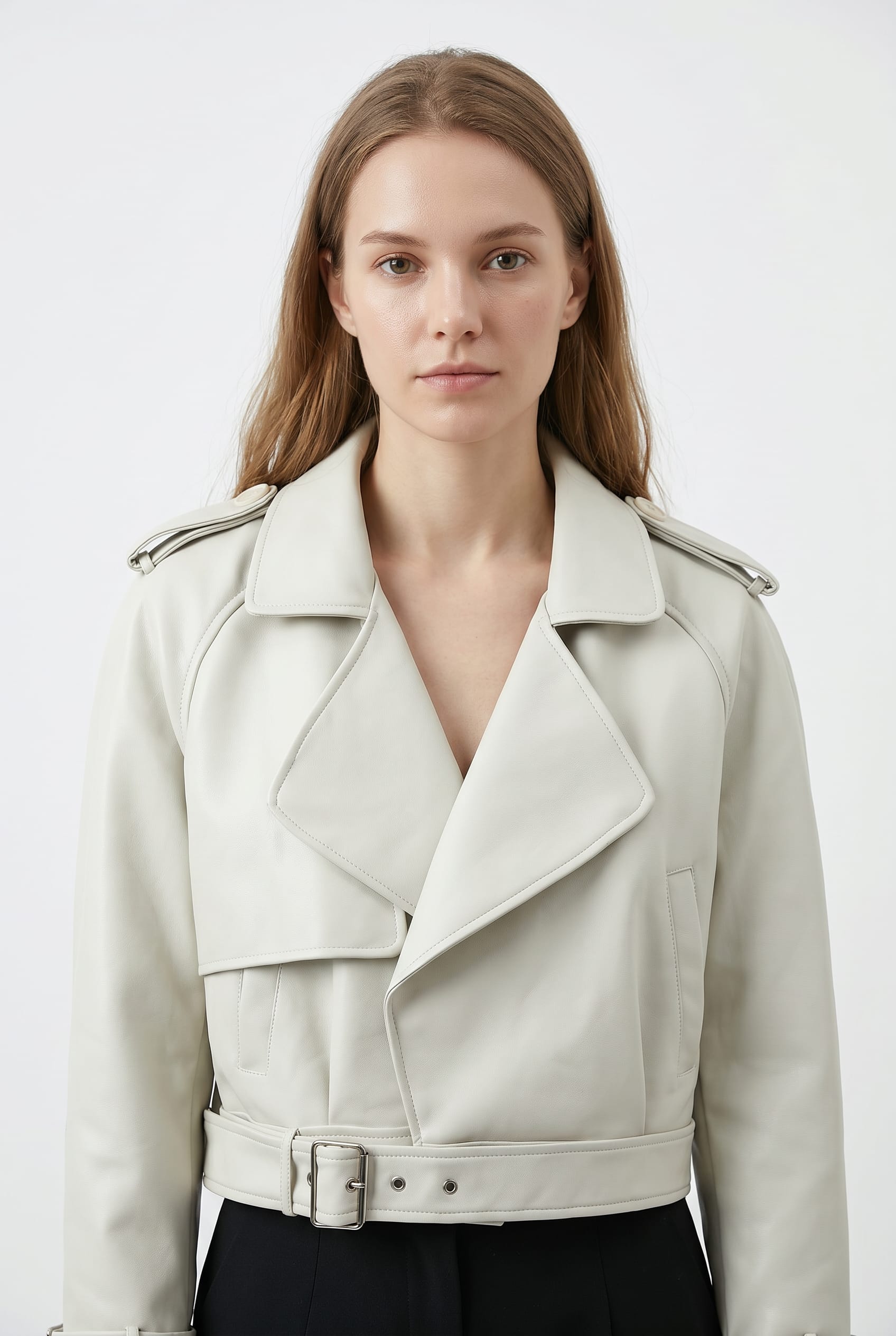 Ivory Cropped Leather Trench Jacket
