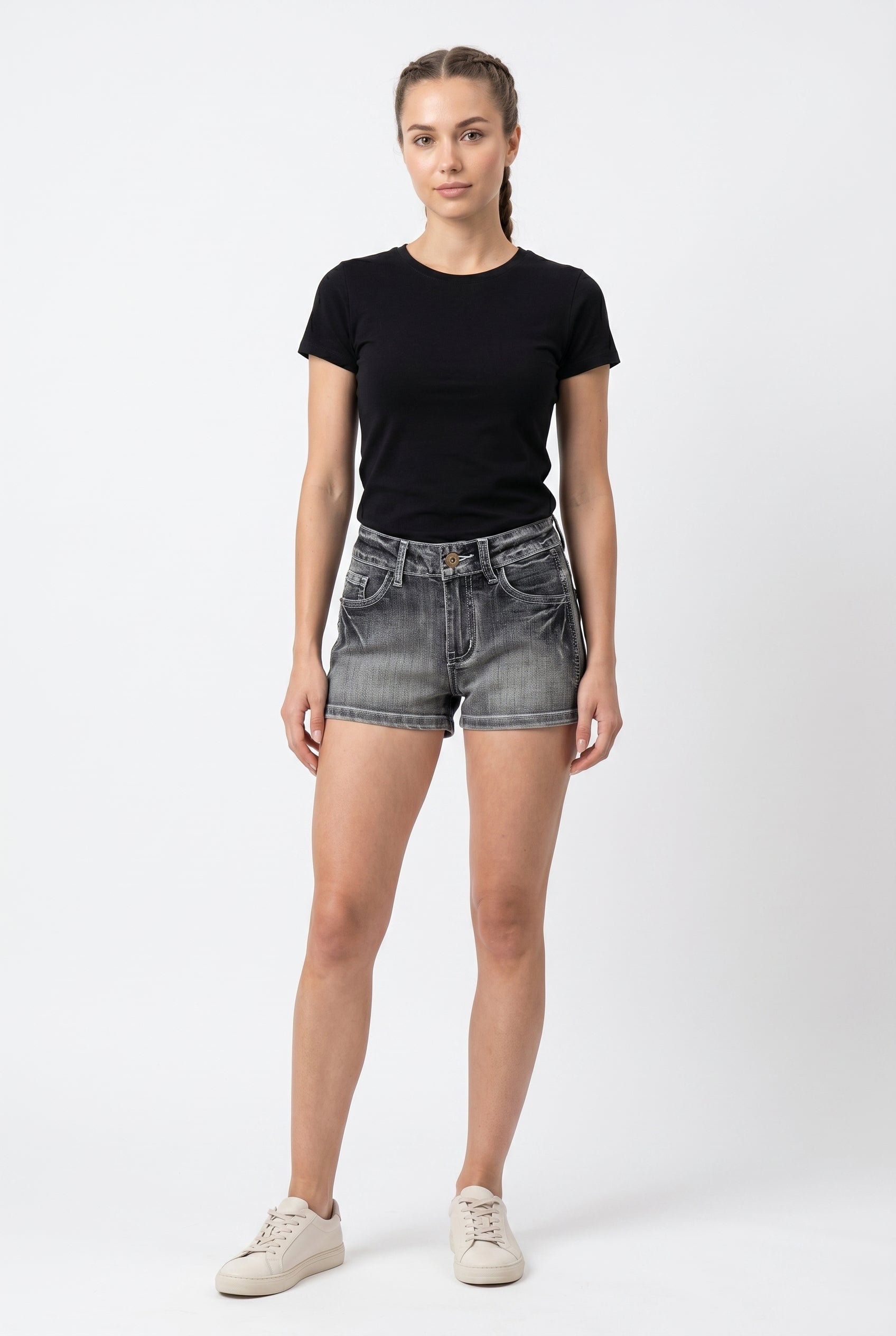 Grey Washed Denim Cuffed Shorts