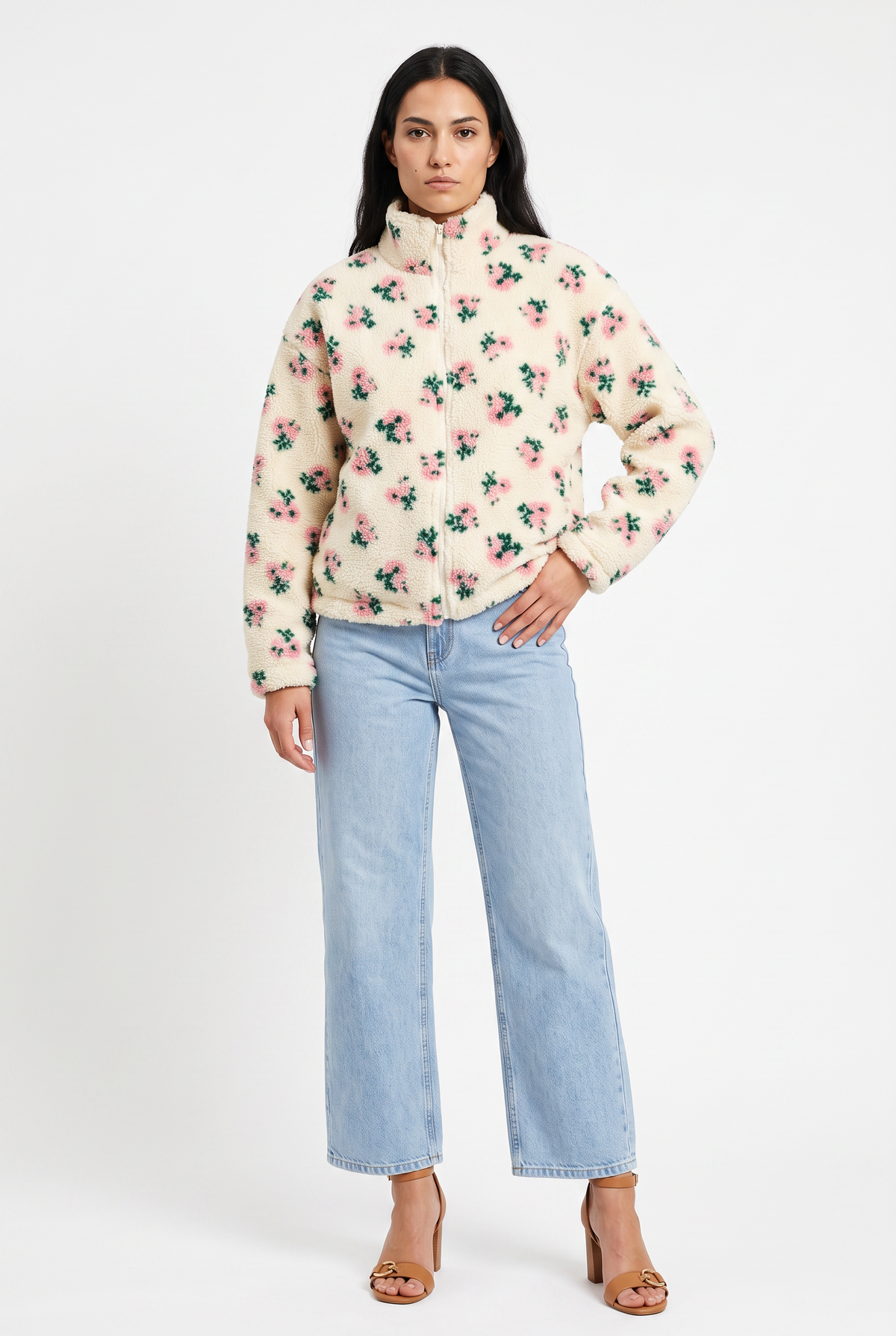 Cream Floral Sherpa Zip Jacket