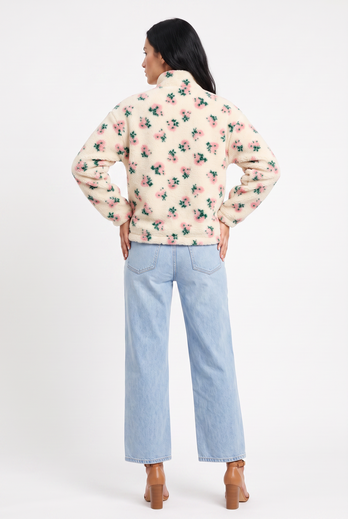 Cream Floral Sherpa Zip Jacket