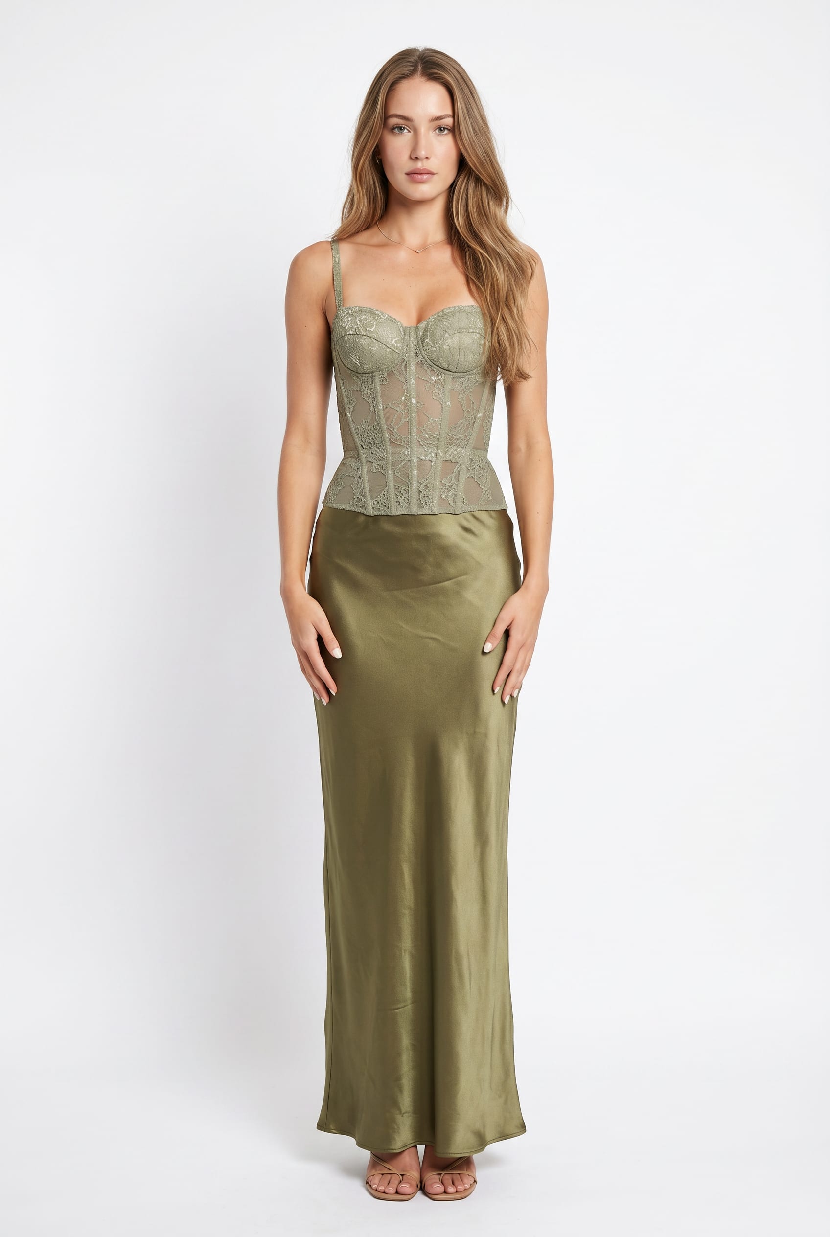 Olive Satin Corset and Skirt Set