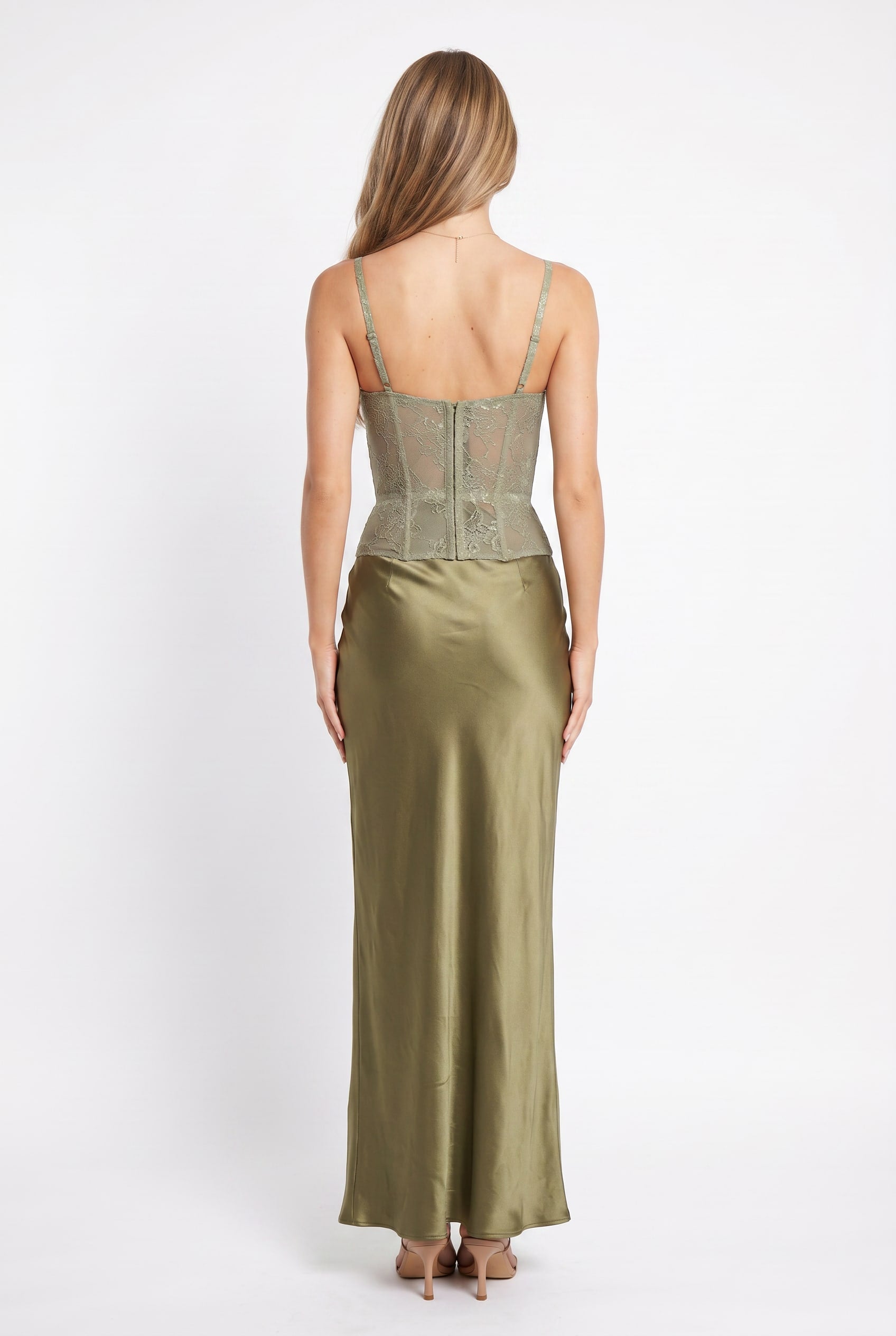Olive Satin Corset and Skirt Set