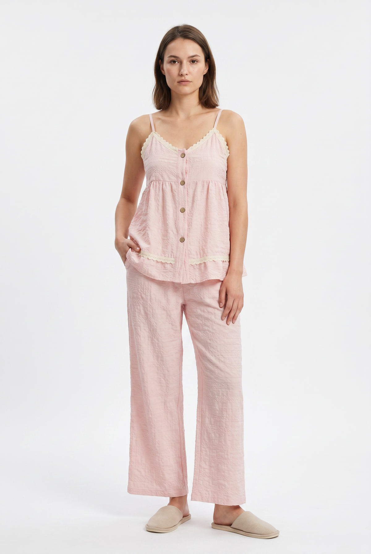 Pink Cotton Lace Trim Pyjama Set