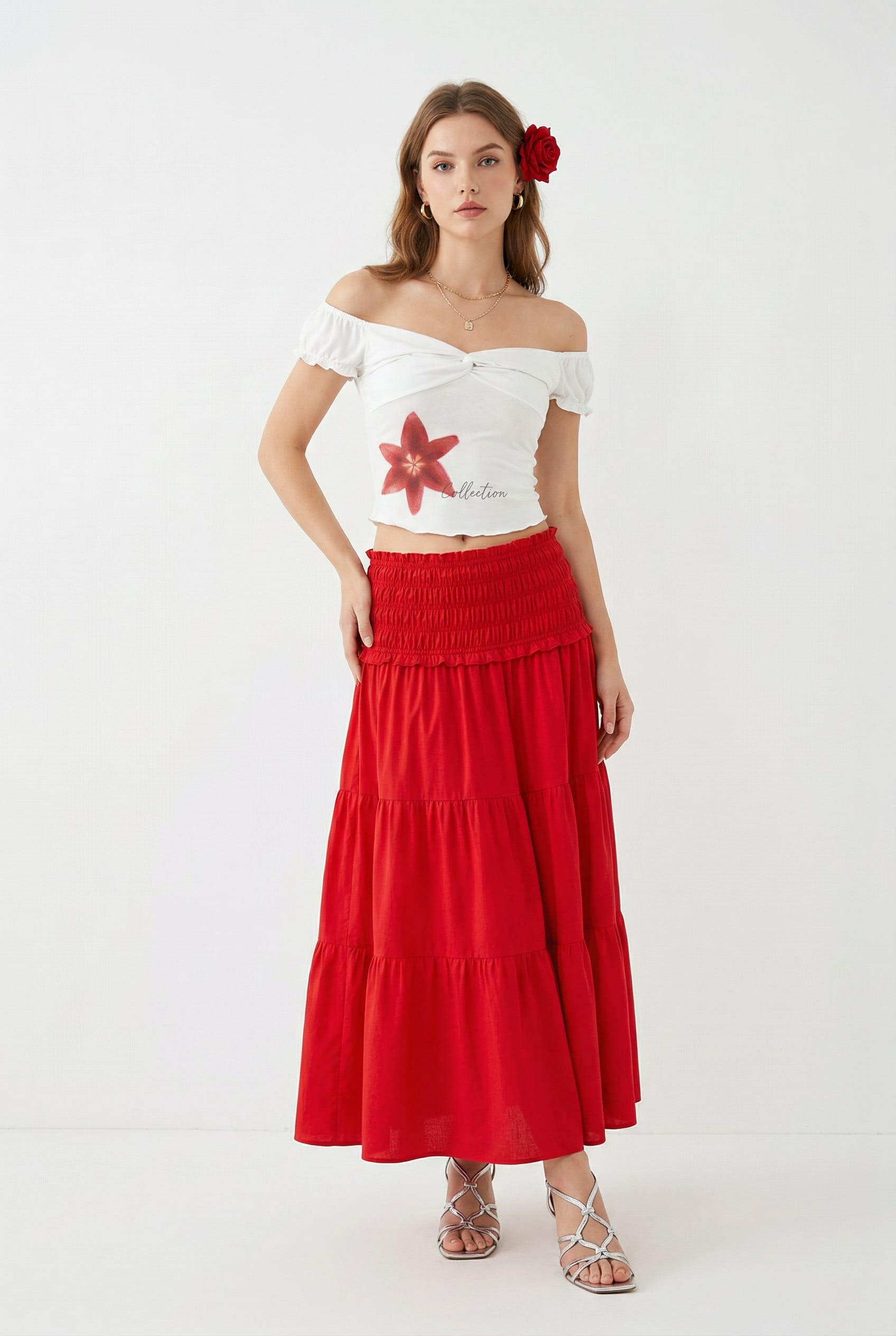 White Crop and Red Skirt Co-ord