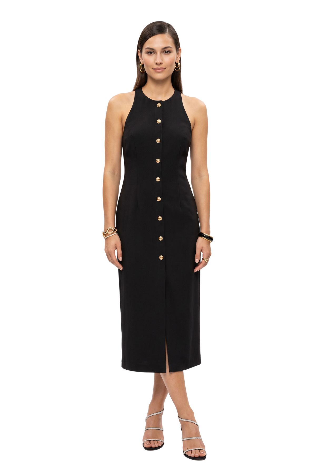 Black Halter Gold Button Midi Dress