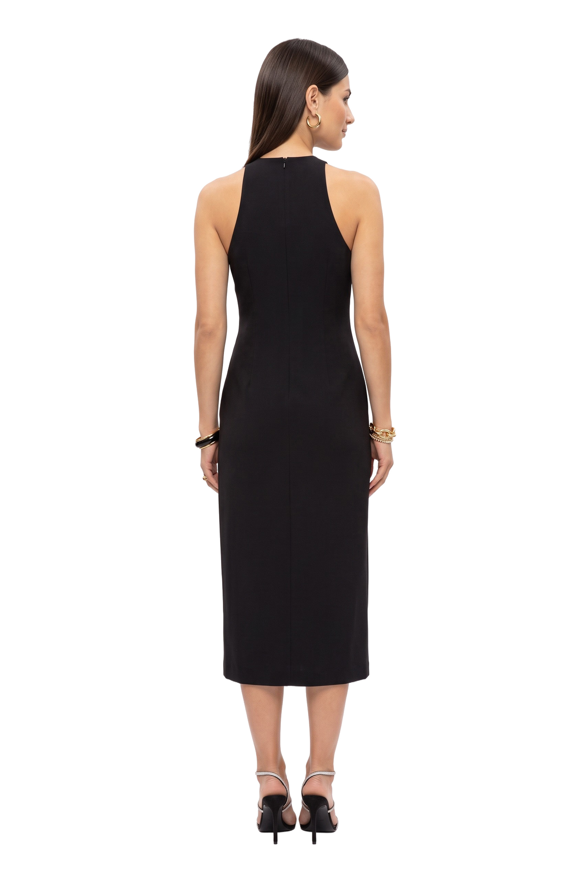 Black Halter Gold Button Midi Dress
