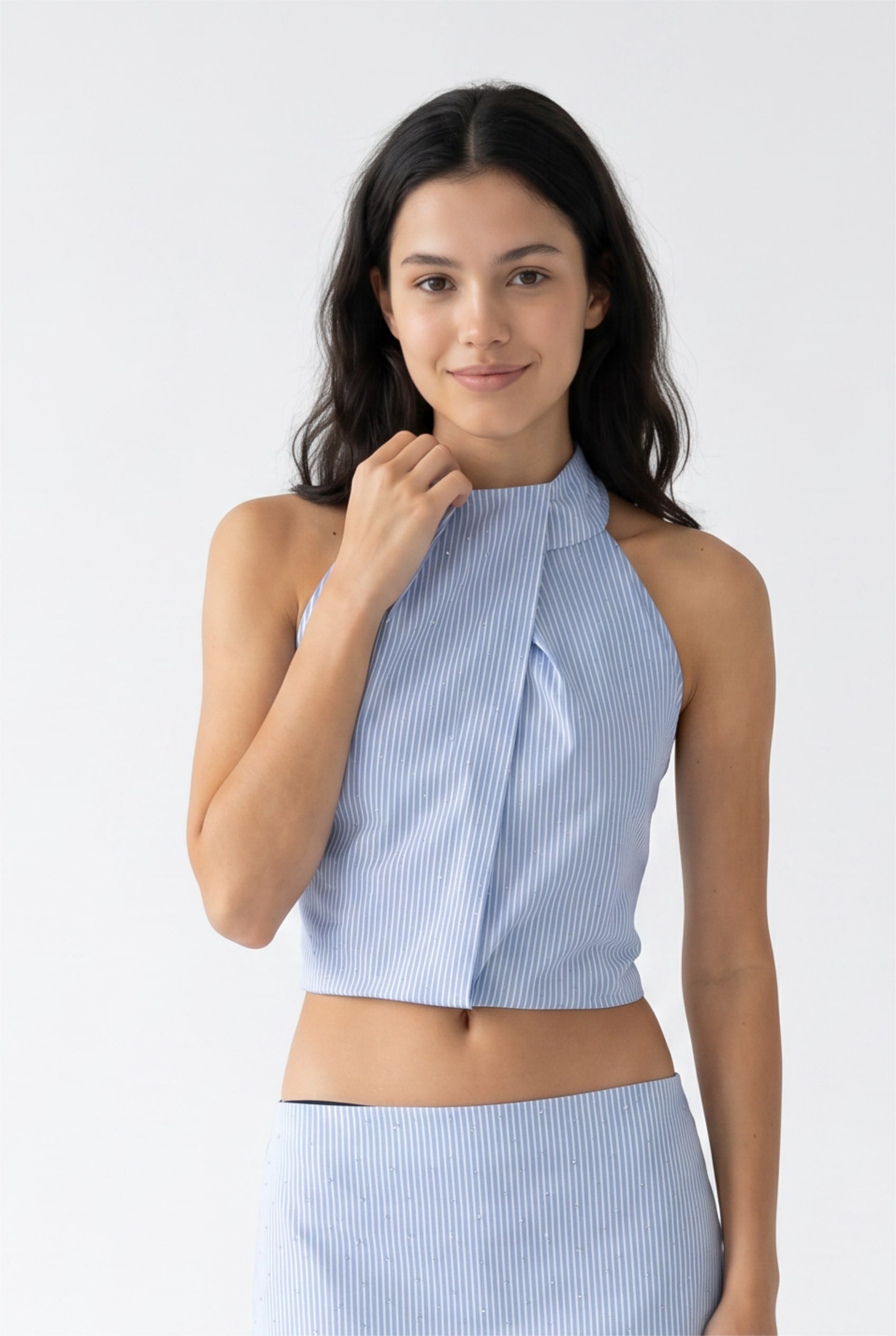 Blue Striped Halter Neck Crop Top