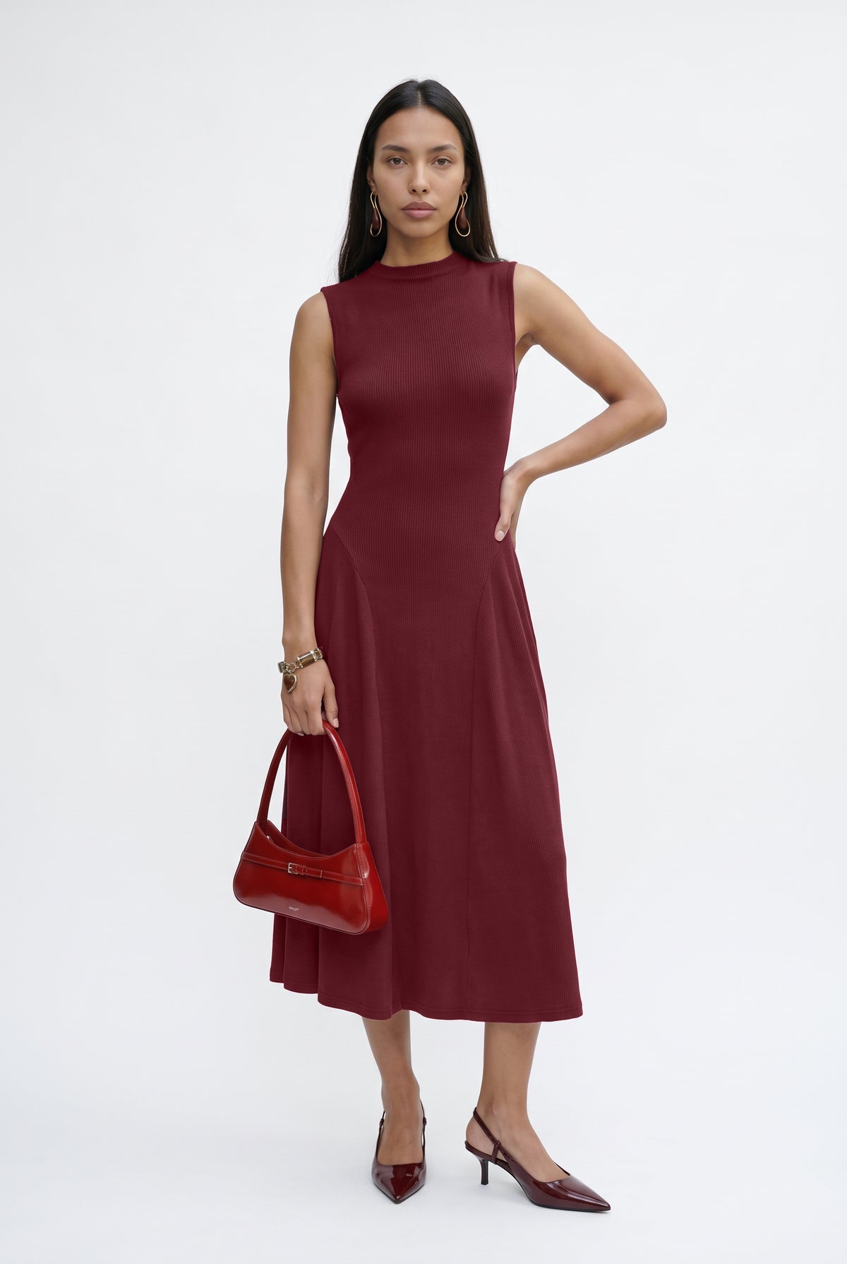 Burgundy Ribbed Flared Midi Dress