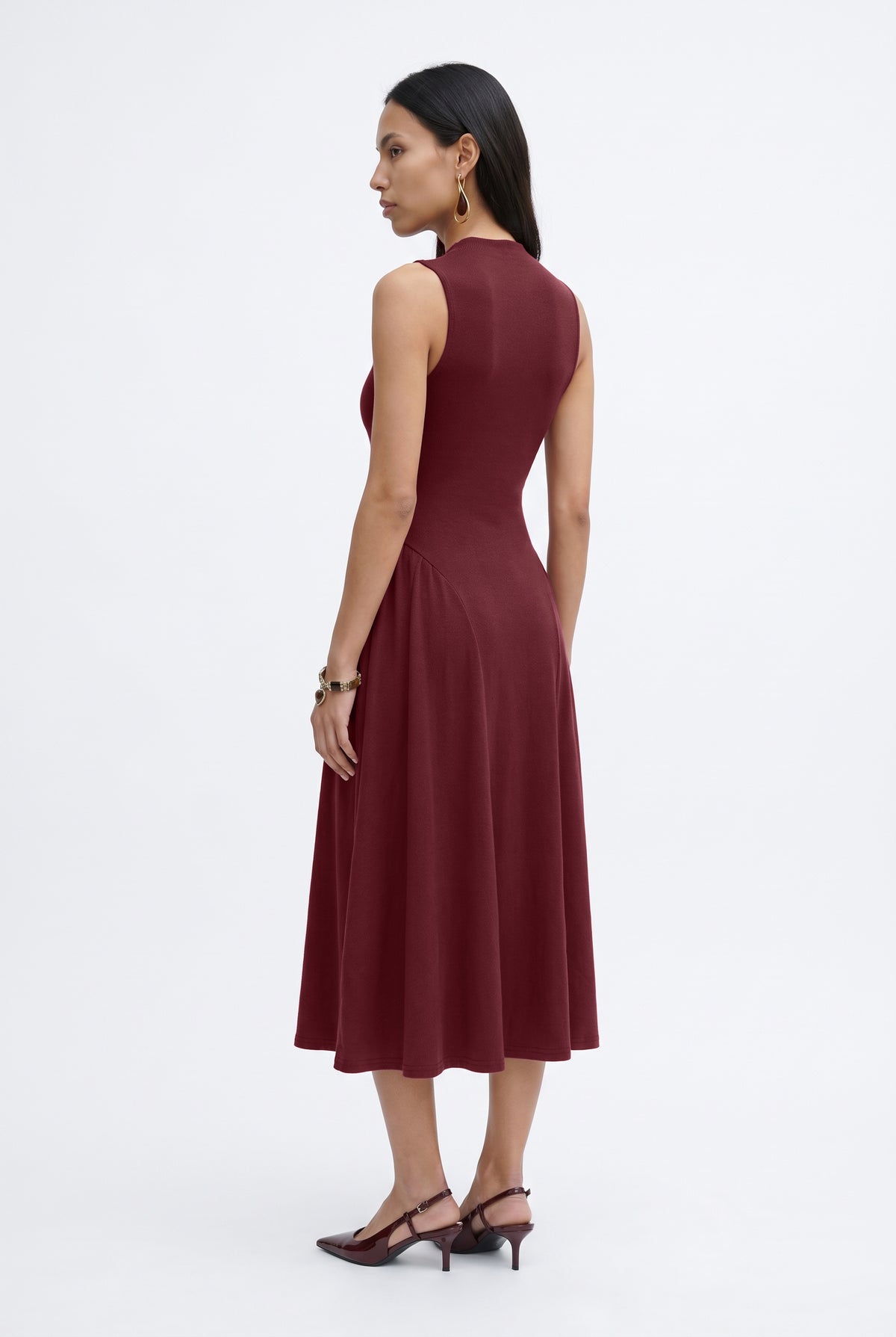 Burgundy Ribbed Flared Midi Dress
