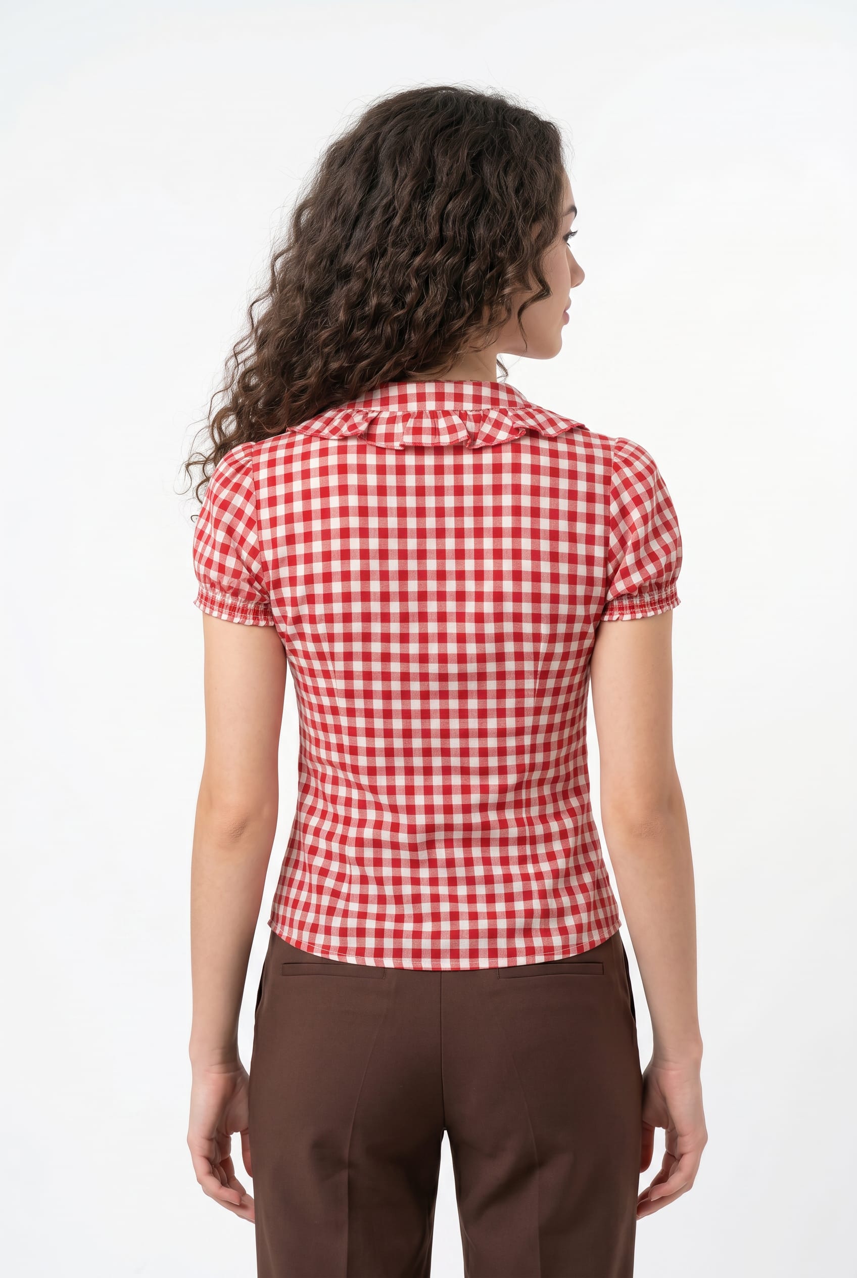 Red Gingham Ruffle Front Top