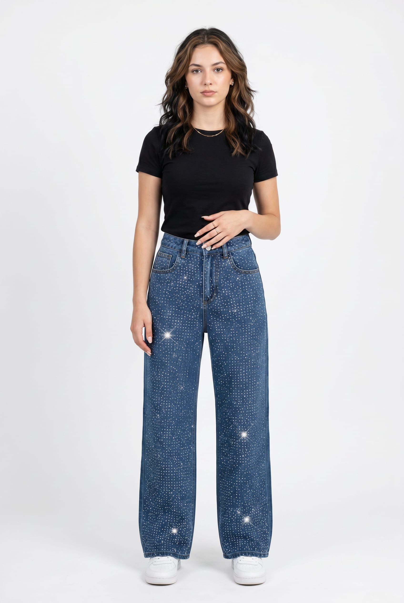 Blue Rhinestone Embellished Wide Leg Jeans