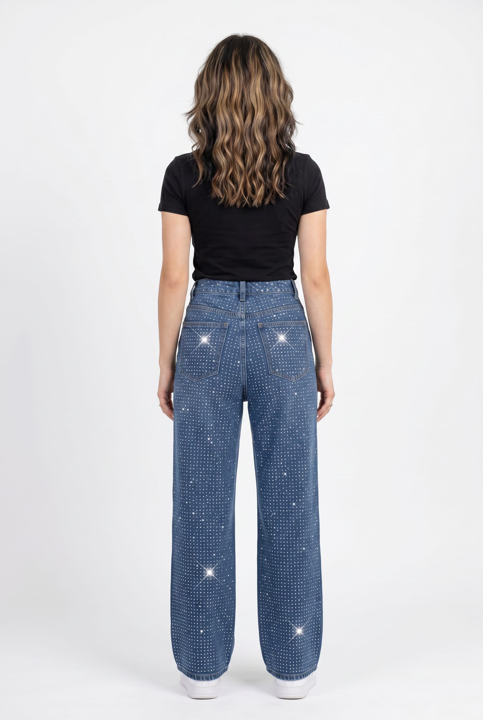 Blue Rhinestone Embellished Wide Leg Jeans