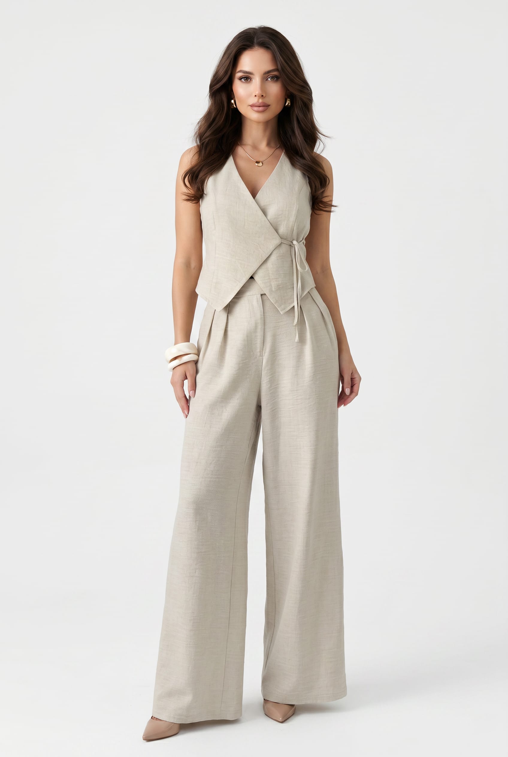 Natural Linen Wrap Top Wide Leg Co-ord