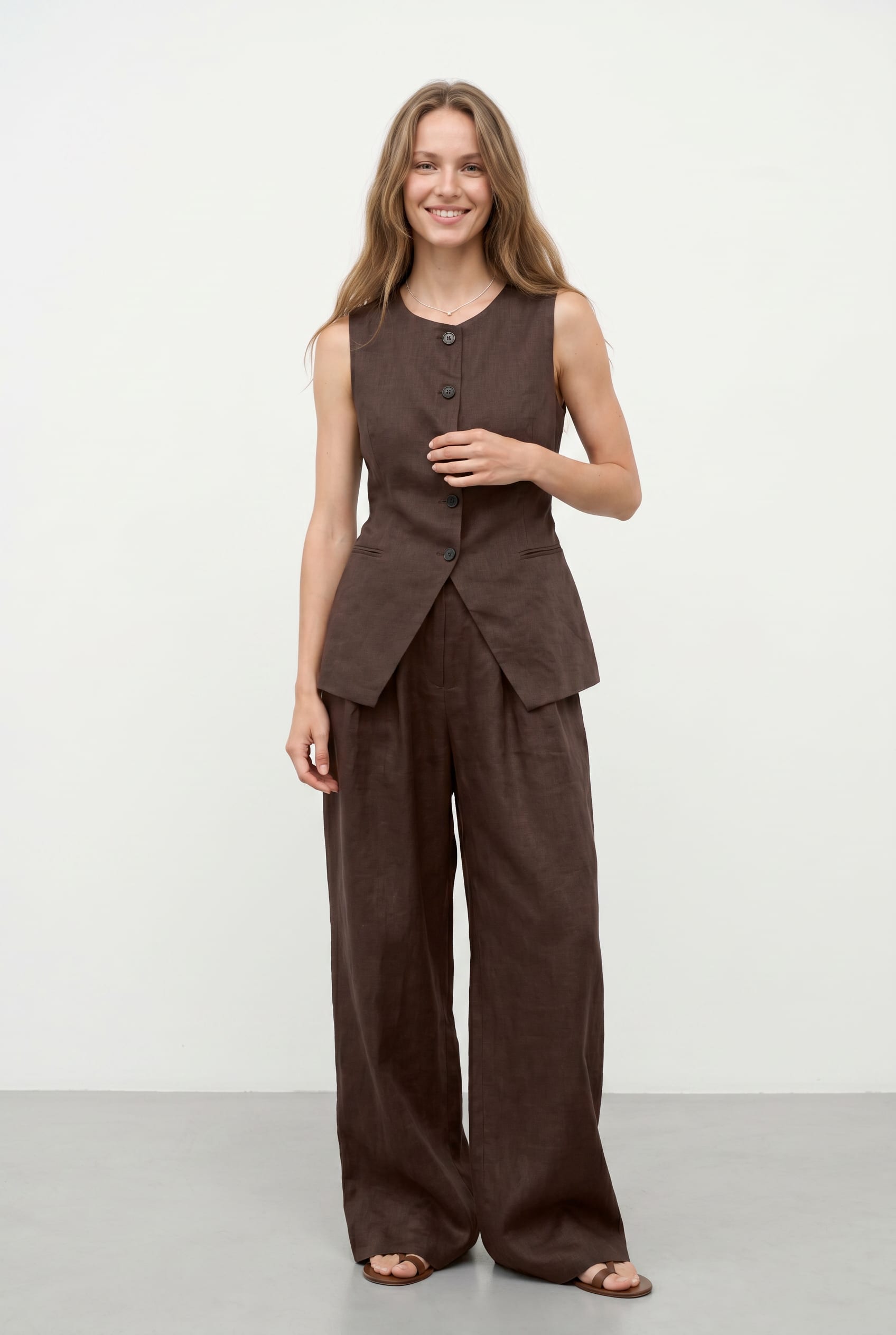 Chocolate Brown Linen Vest Trouser Set